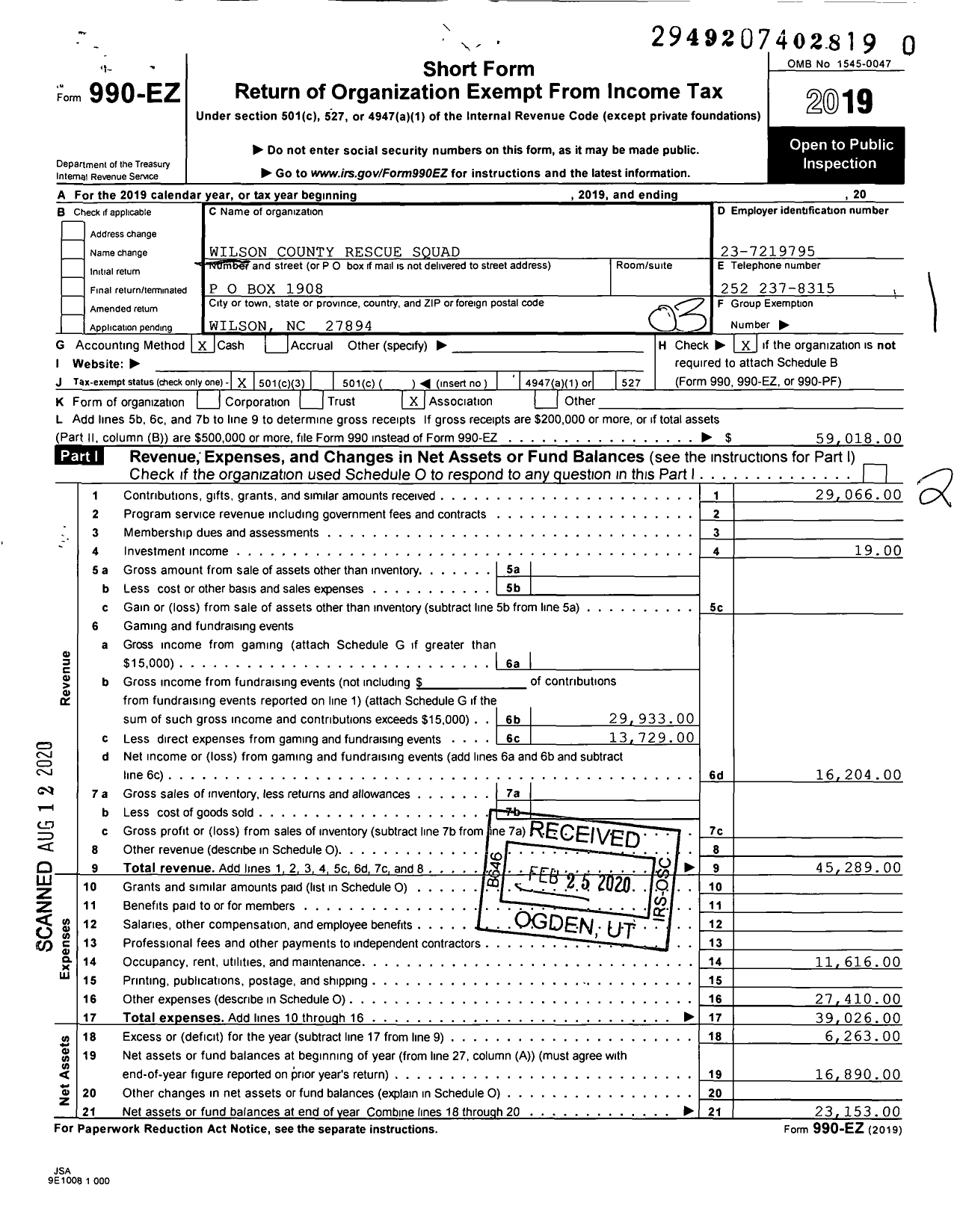 Image of first page of 2019 Form 990EZ for Wilson County Rescue Squad