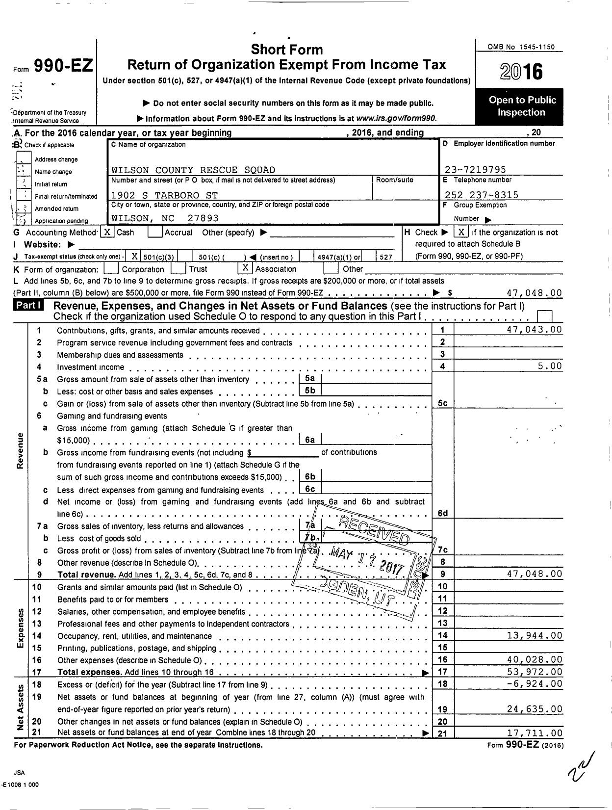 Image of first page of 2016 Form 990EZ for Wilson County Rescue Squad