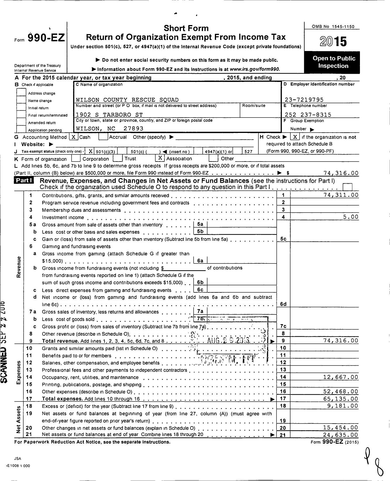 Image of first page of 2015 Form 990EZ for Wilson County Rescue Squad