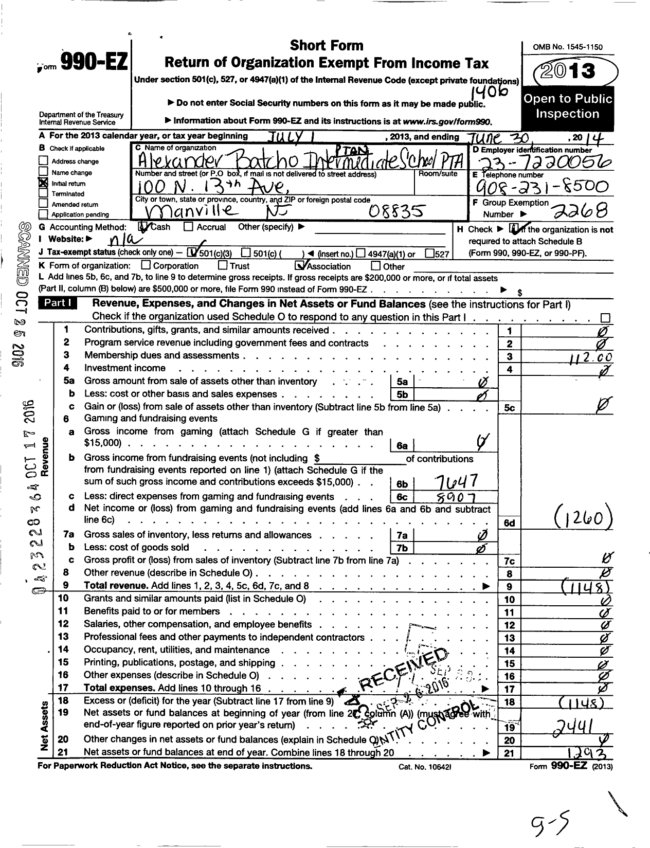 Image of first page of 2013 Form 990EZ for New Jersey PTA - 21271 Alexander Batcho School PTA