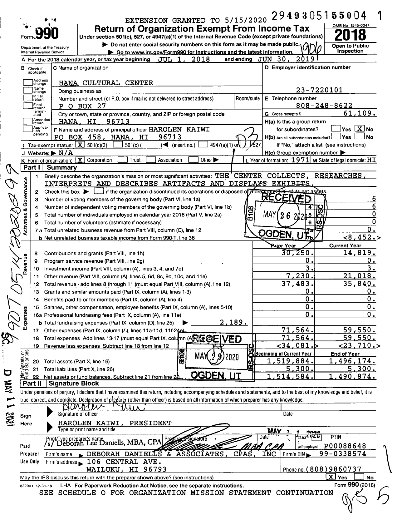 Image of first page of 2018 Form 990 for Hana Cultural Center