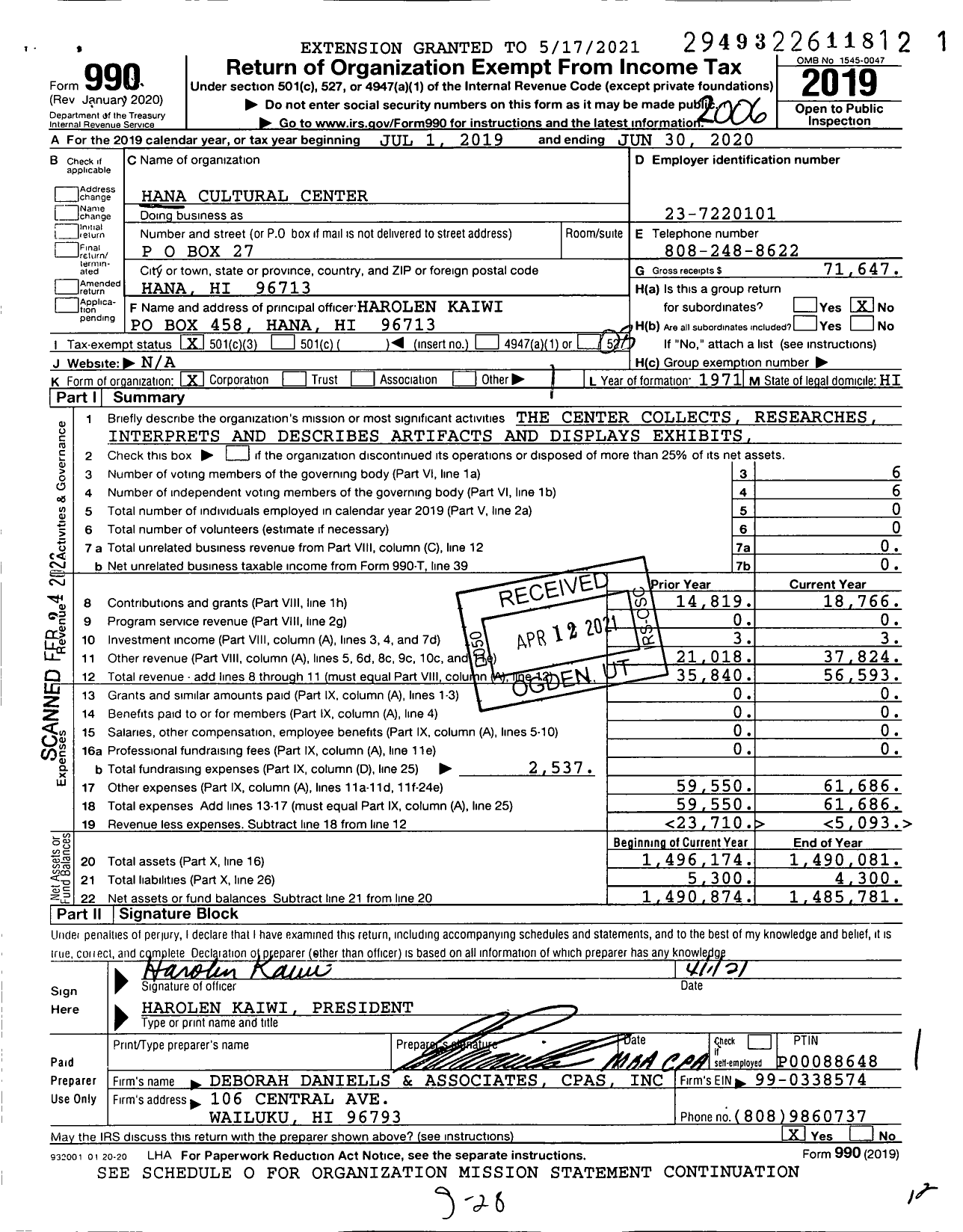 Image of first page of 2019 Form 990 for Hana Cultural Center