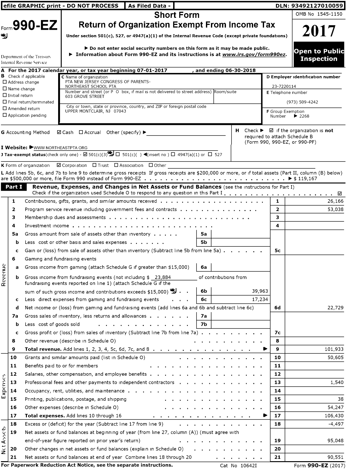 Image of first page of 2017 Form 990EZ for New Jersey PTA - 23899 Northeast PTA