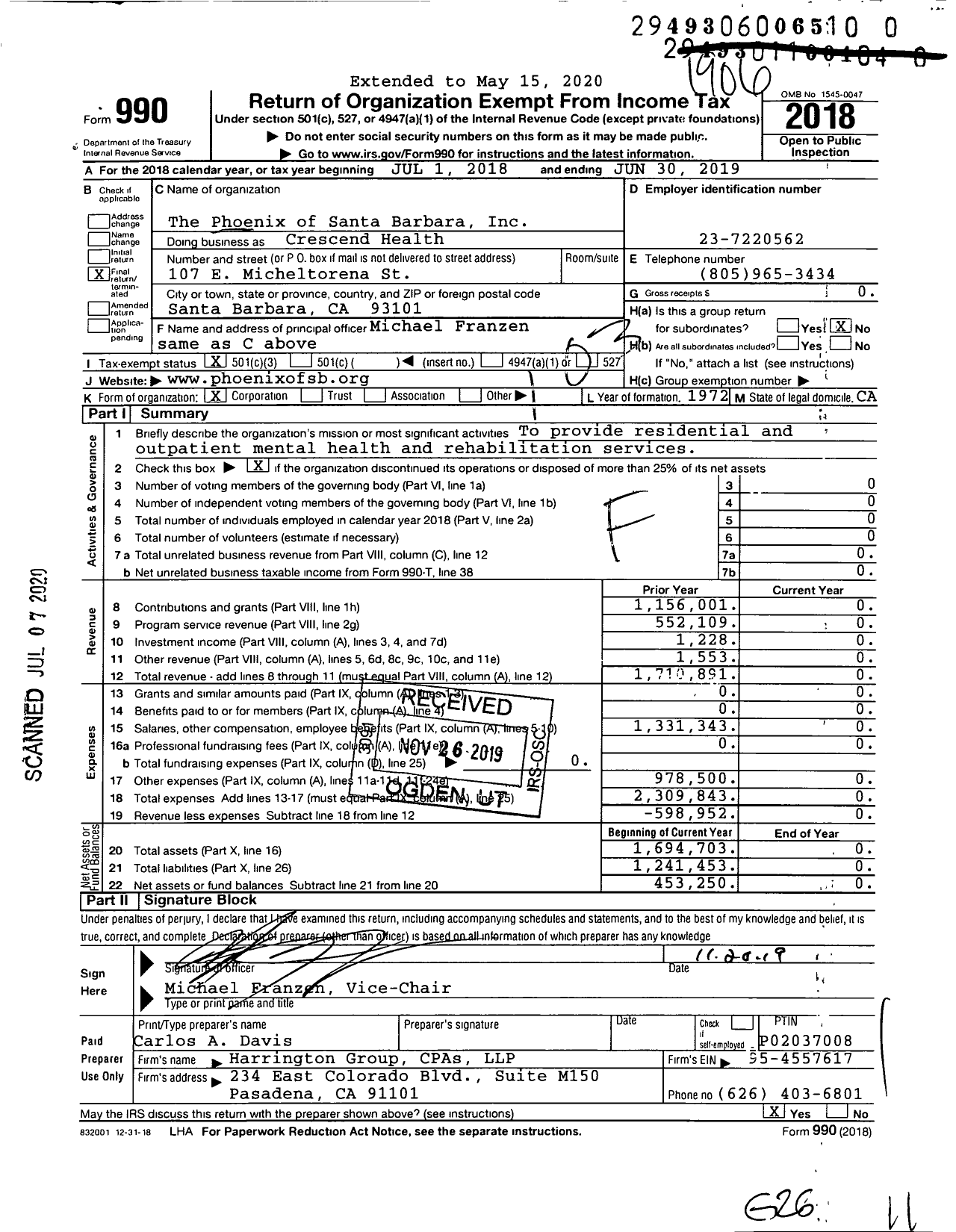 Image of first page of 2018 Form 990 for The Phoenix of Santa Barbara