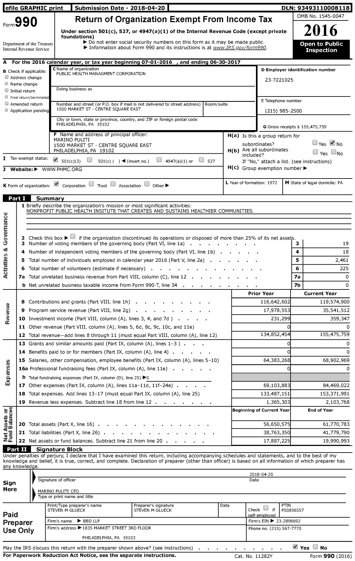 Image of first page of 2016 Form 990 for Public Health Managment Corporation