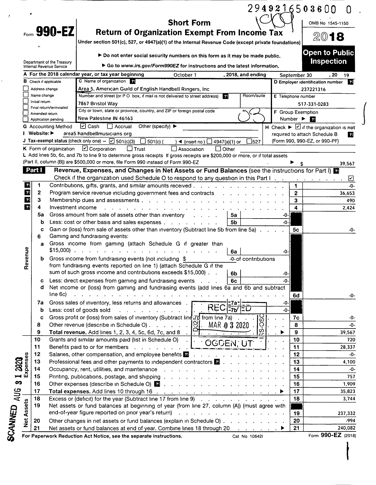 Image of first page of 2018 Form 990EZ for Area V American Guild of English Handbell Ringers