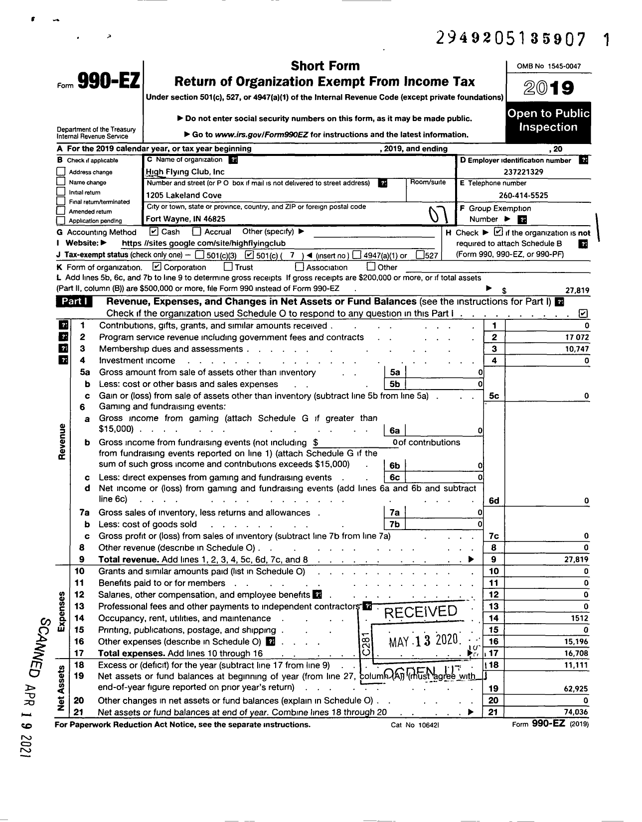 Image of first page of 2019 Form 990EO for High Flying Club