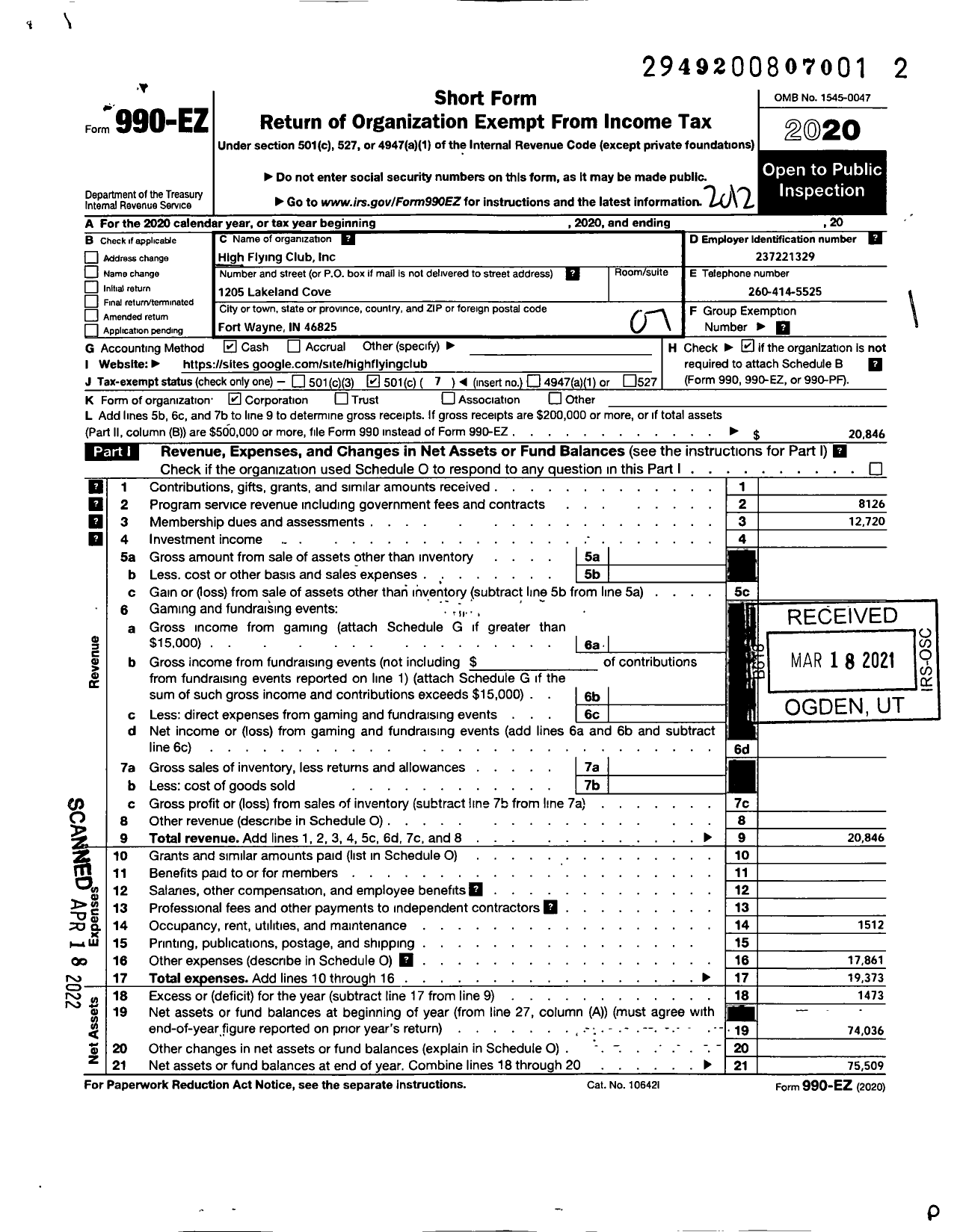 Image of first page of 2020 Form 990EO for High Flying Club