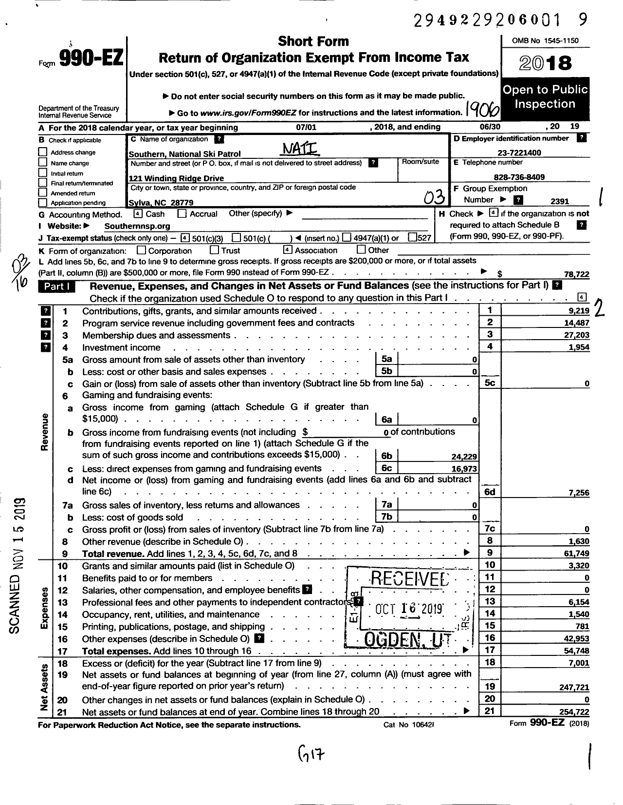 Image of first page of 2018 Form 990EZ for National Ski Patrol System Southern