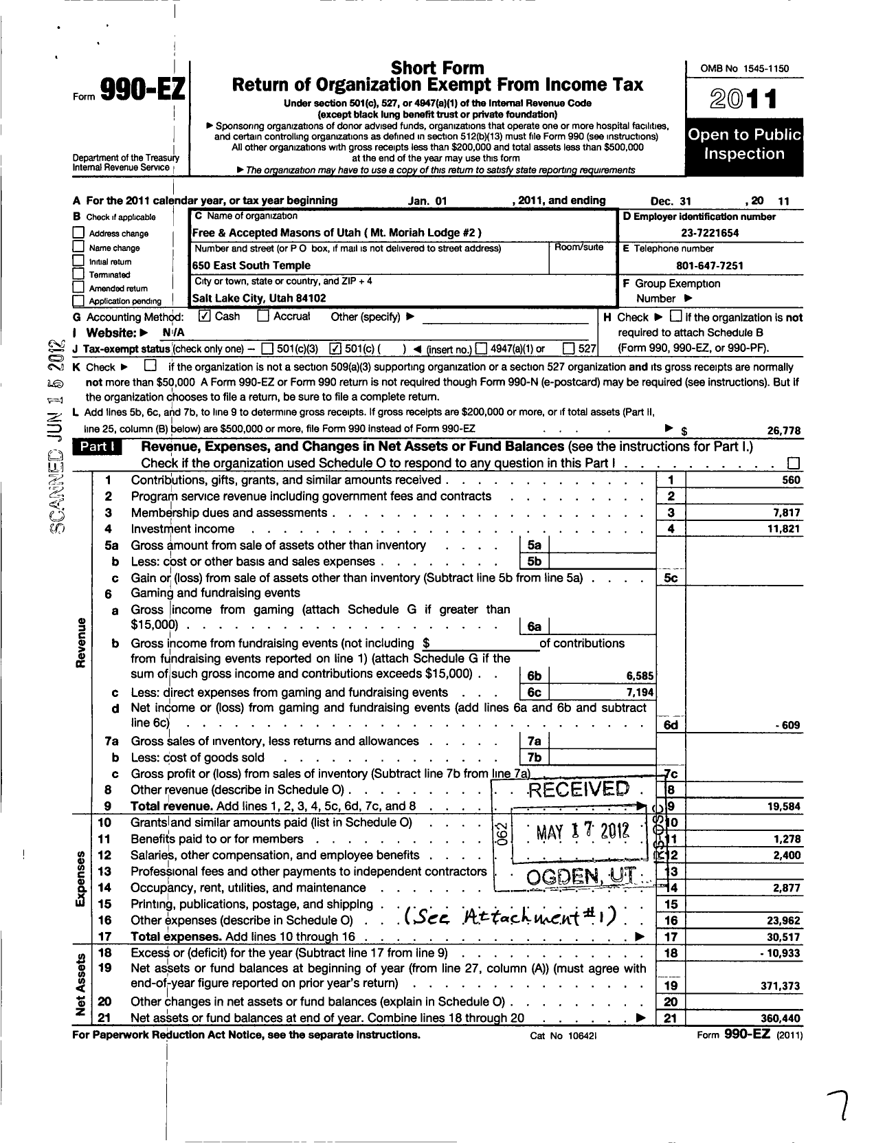 Image of first page of 2011 Form 990EO for Free and Accepted Masons of Utah - 2 MT Moriah Lodge