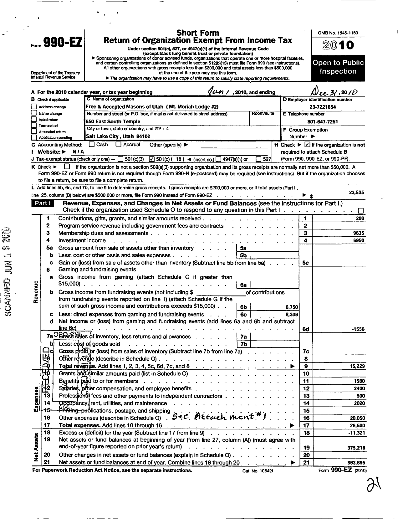 Image of first page of 2010 Form 990EO for Free and Accepted Masons of Utah - 2 MT Moriah Lodge