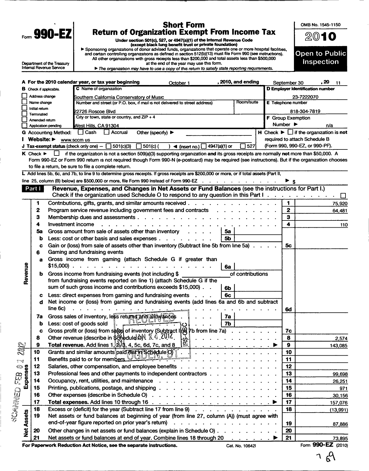 Image of first page of 2010 Form 990EZ for Southern California Conservatory of Music Corporation