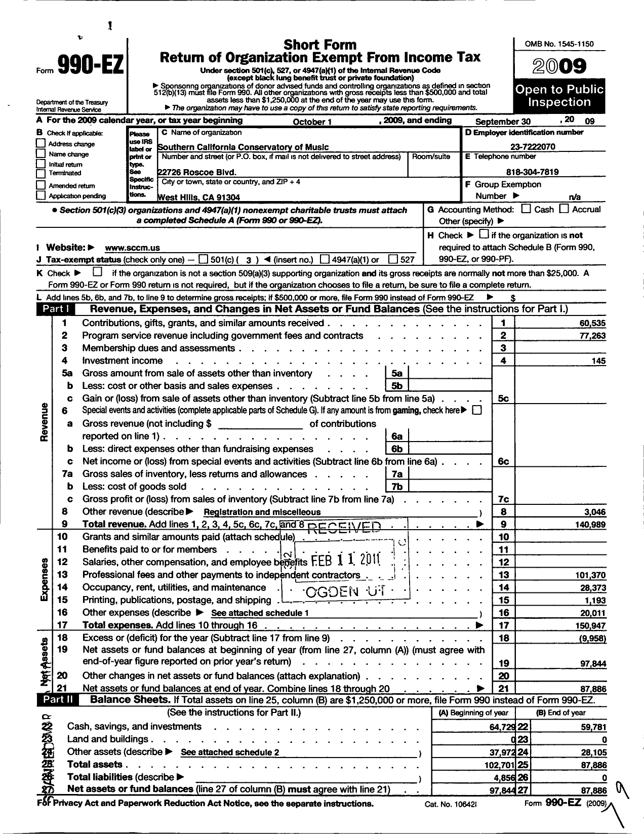 Image of first page of 2008 Form 990EZ for Southern California Conservatory of Music Corporation