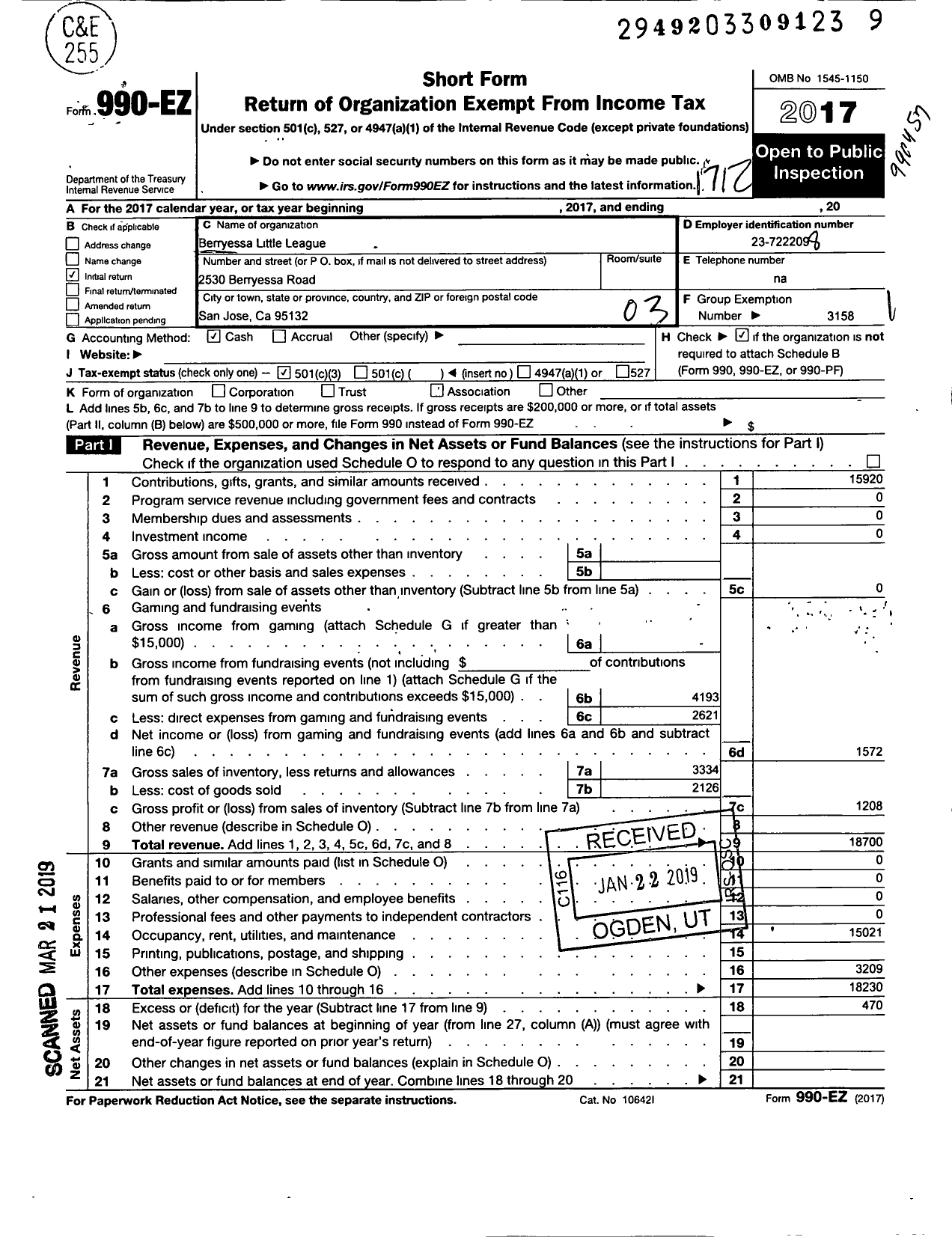 Image of first page of 2017 Form 990EZ for Little League Baseball - 4055902 San Jose National LL