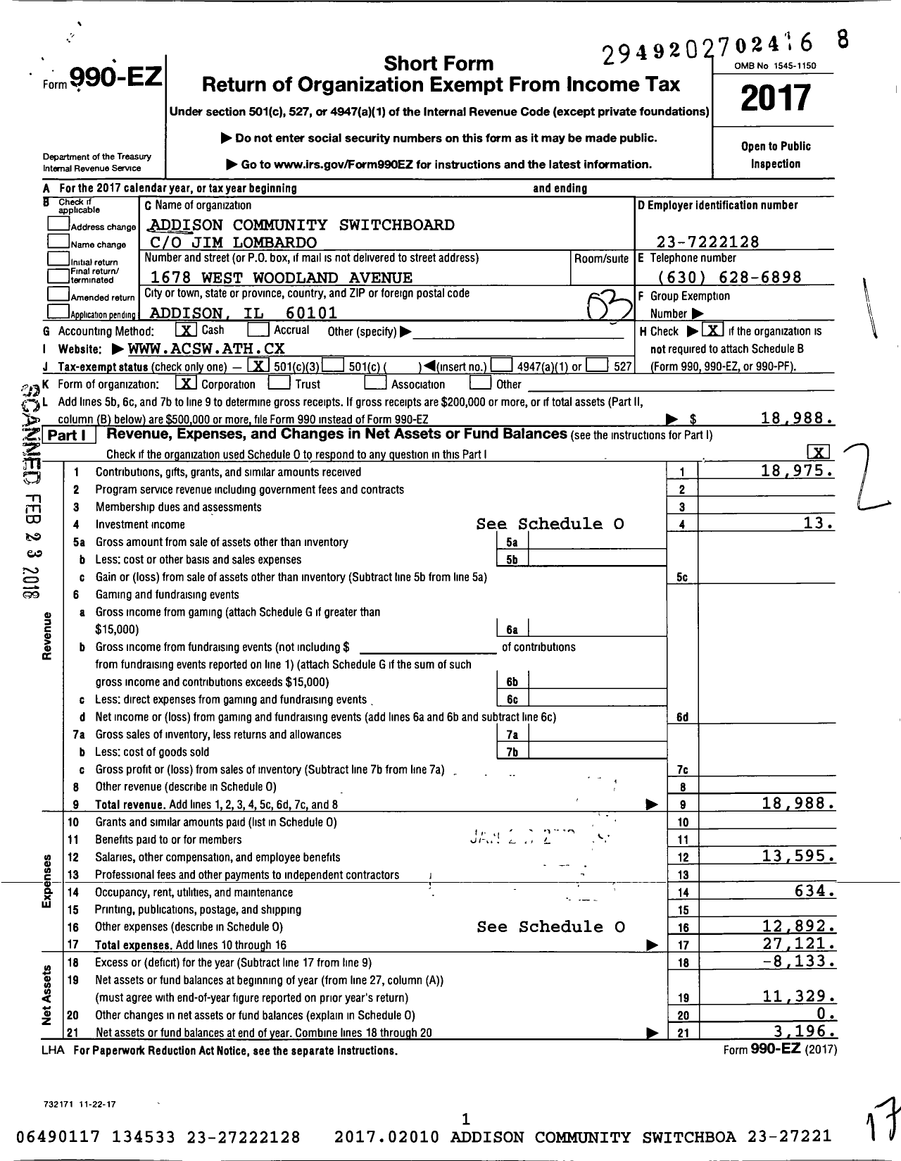 Image of first page of 2017 Form 990EZ for Addison Community Switchboard