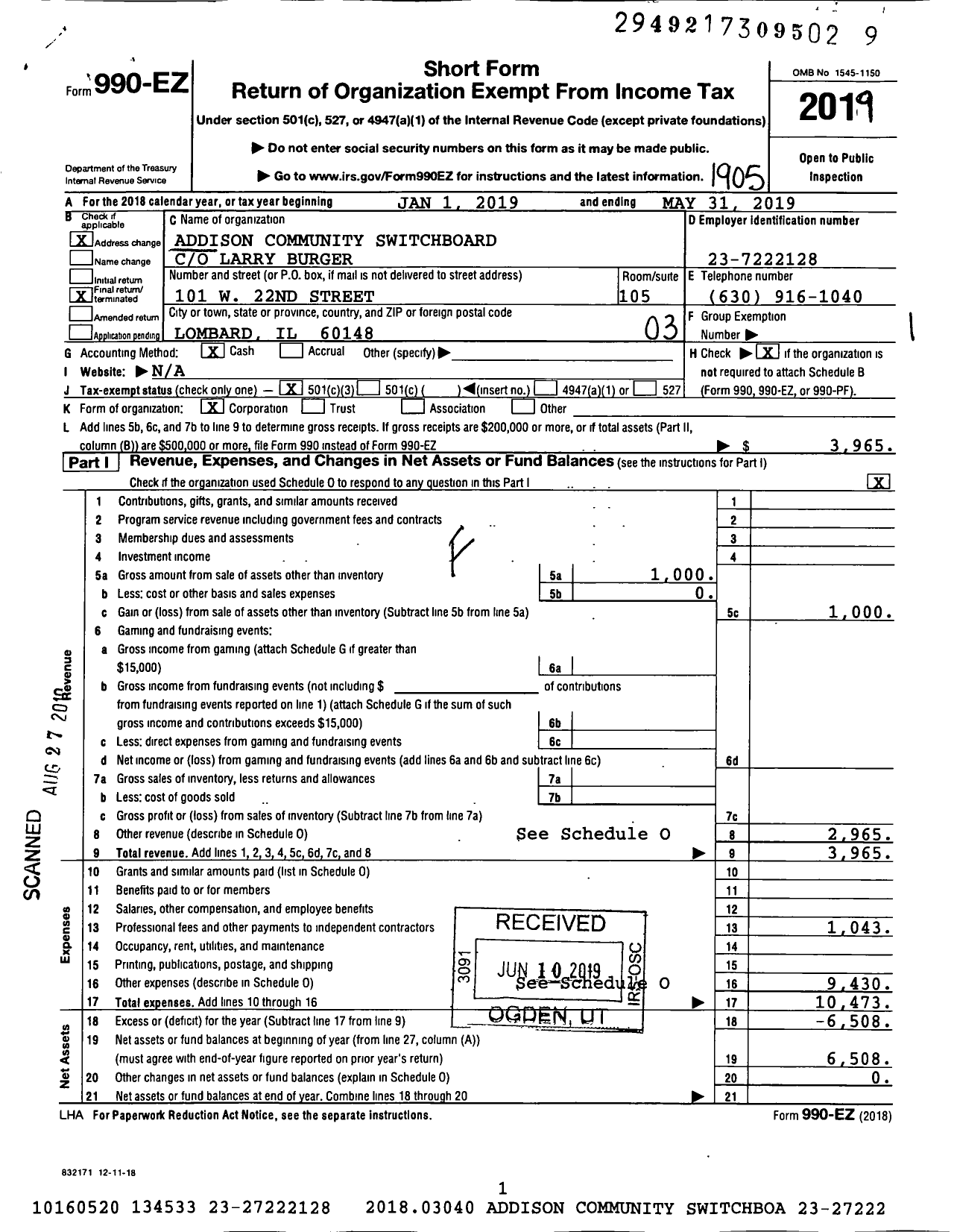 Image of first page of 2018 Form 990EZ for Addison Community Switchboard