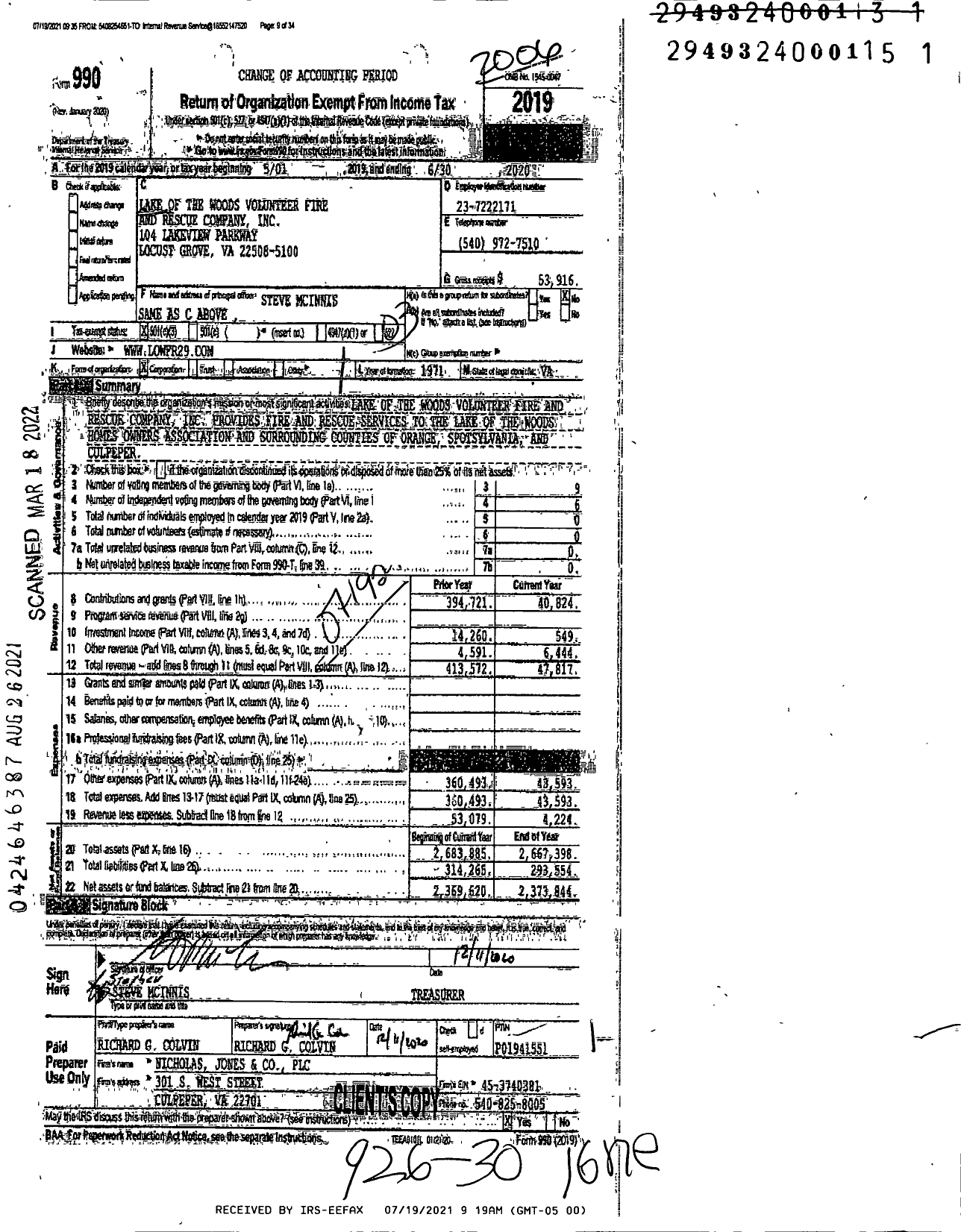 Image of first page of 2019 Form 990 for Lake of the Woods Volunteer Fire and Rescue Company