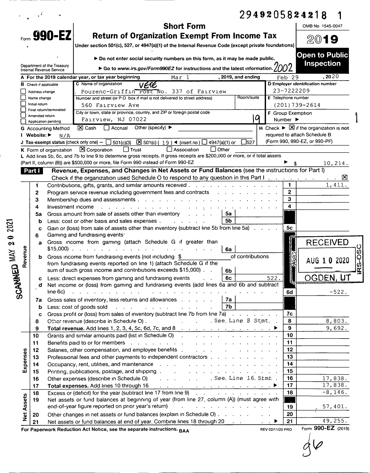 Image of first page of 2019 Form 990EO for Pouzenc-Griffin Post No 337 of Fairview