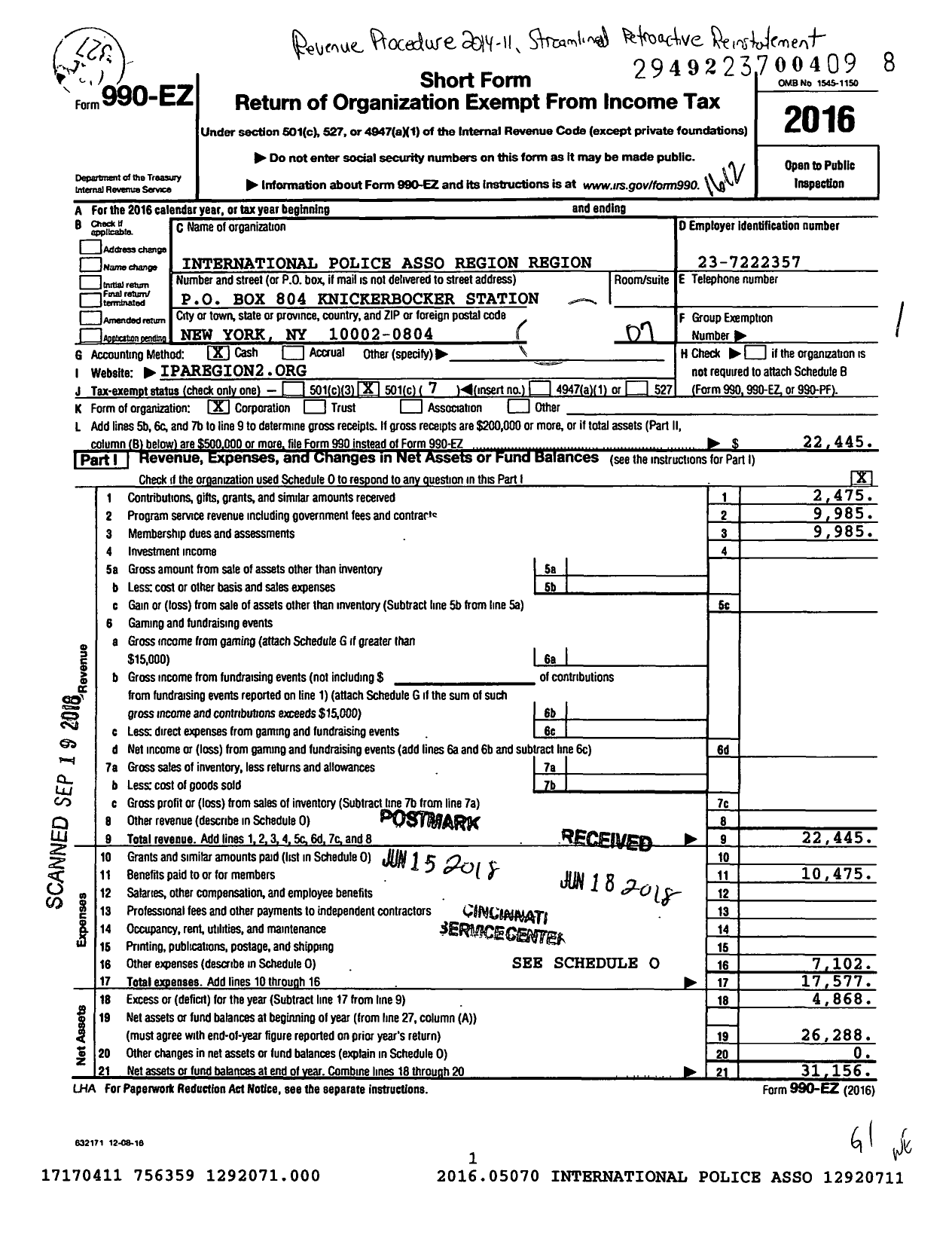 Image of first page of 2016 Form 990EO for International Police Association Region 2 New York City