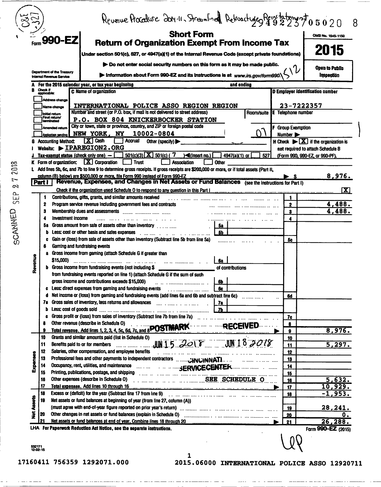 Image of first page of 2015 Form 990EO for International Police Association Region 2 New York City