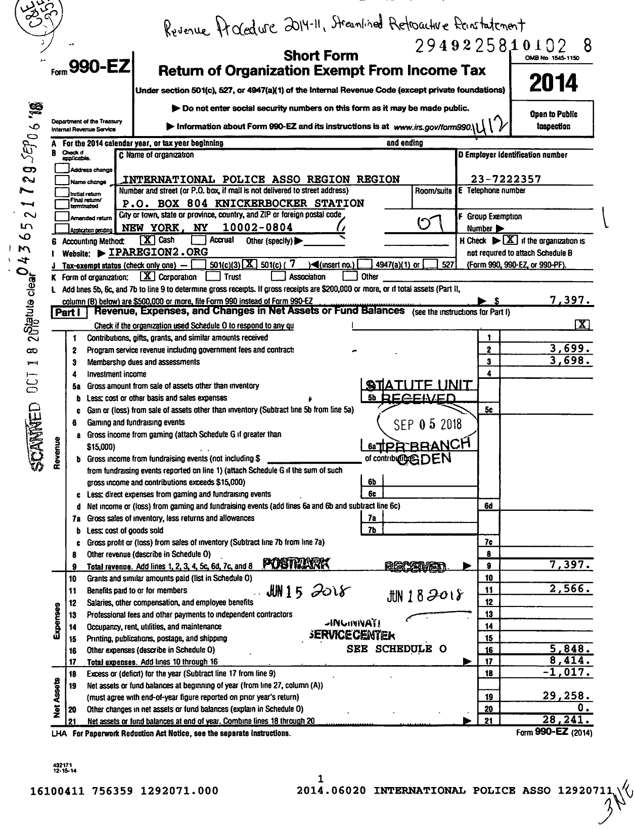 Image of first page of 2014 Form 990EO for International Police Association Region 2 New York City