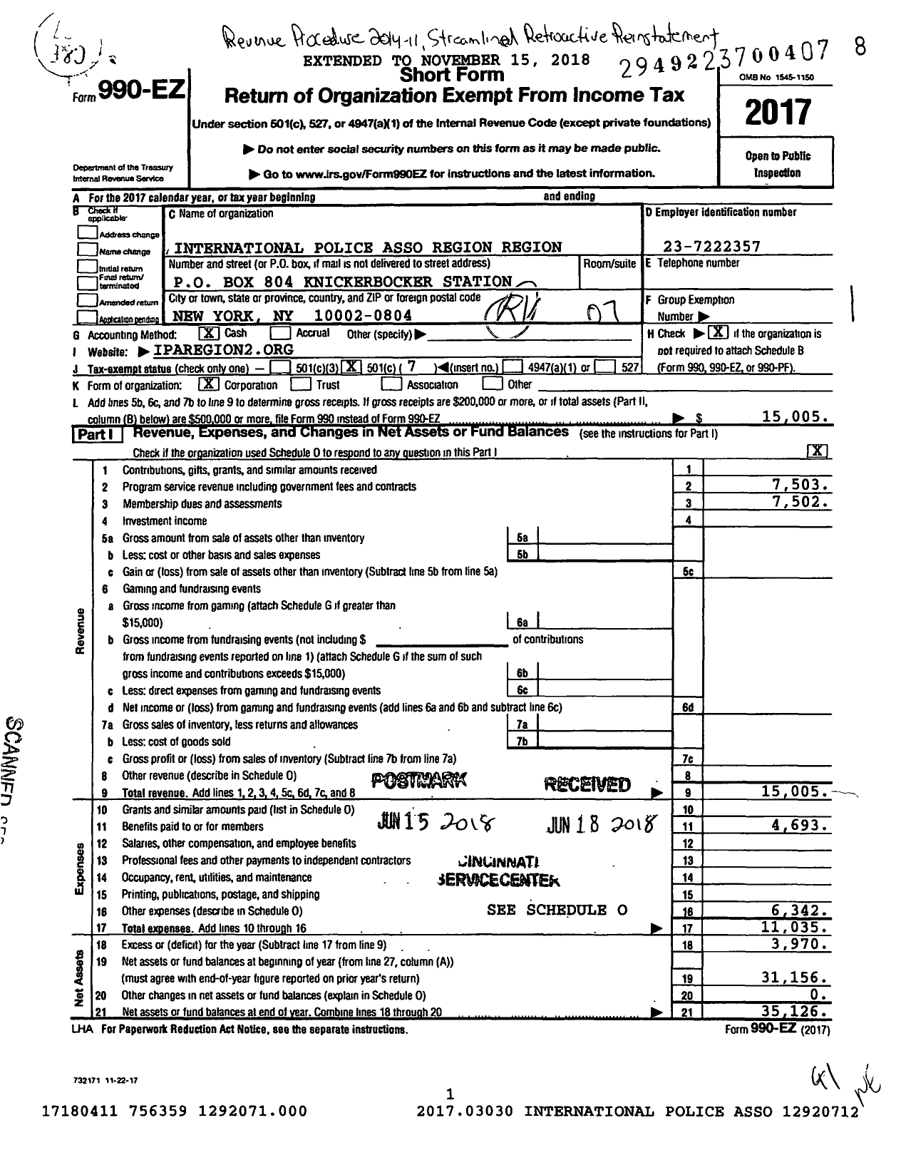 Image of first page of 2017 Form 990EO for International Police Association Region 2 New York City