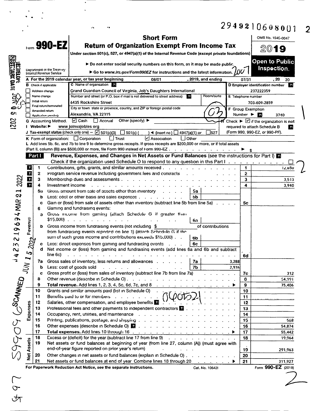 Image of first page of 2019 Form 990EO for Jobs Daughters International / Grand Guardian Council of Virginia