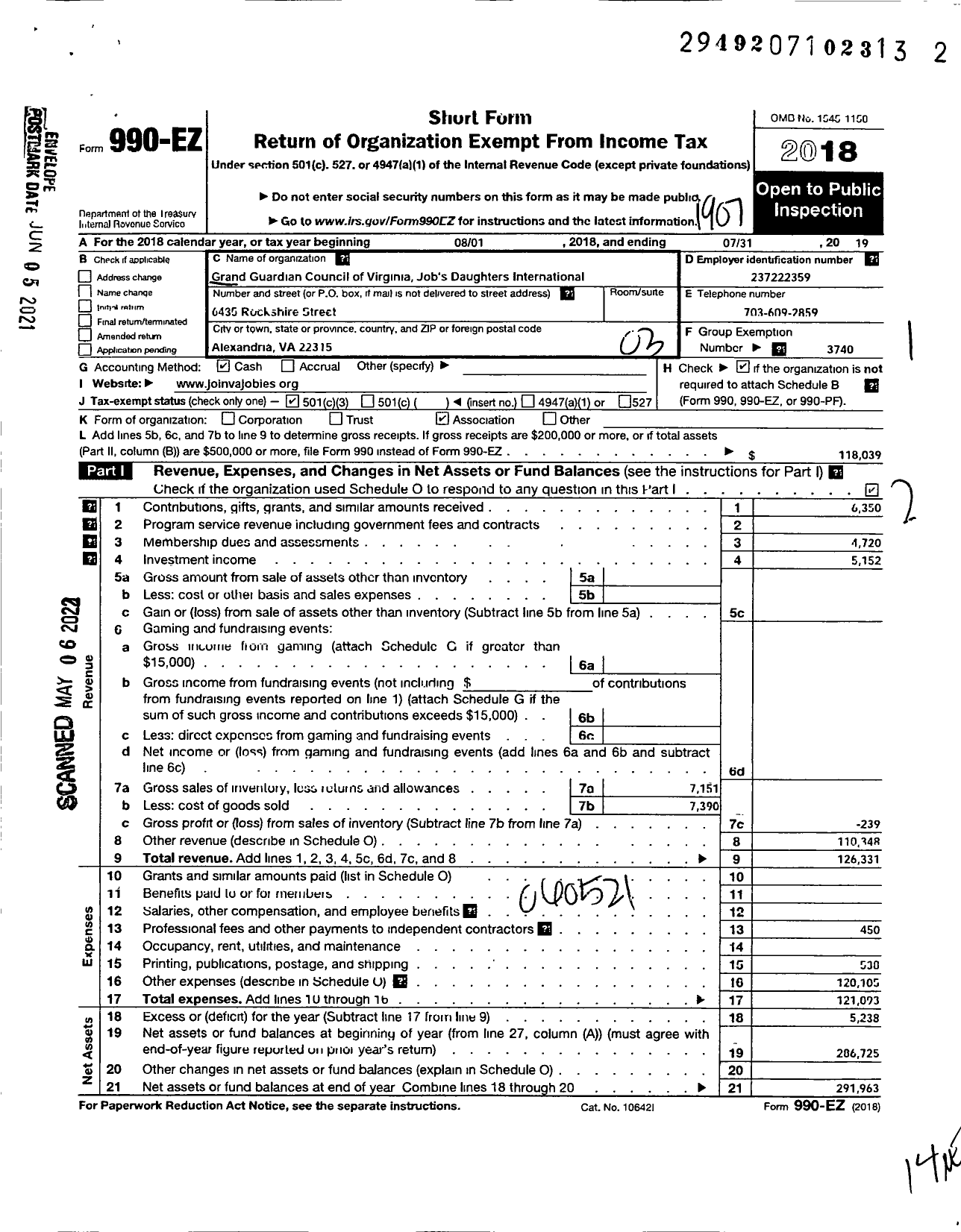 Image of first page of 2018 Form 990EZ for Jobs Daughters International / Grand Guardian Council of Virginia