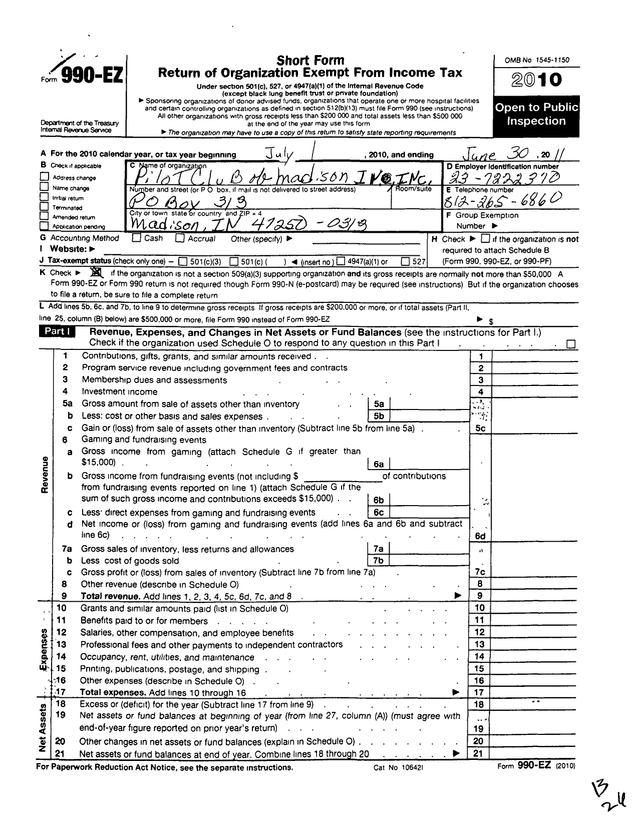 Image of first page of 2010 Form 990EO for Pilot Club International / Pilot Club of Madison