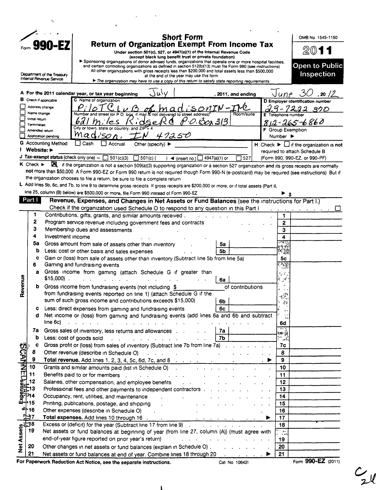 Image of first page of 2011 Form 990EO for Pilot Club International / Pilot Club of Madison