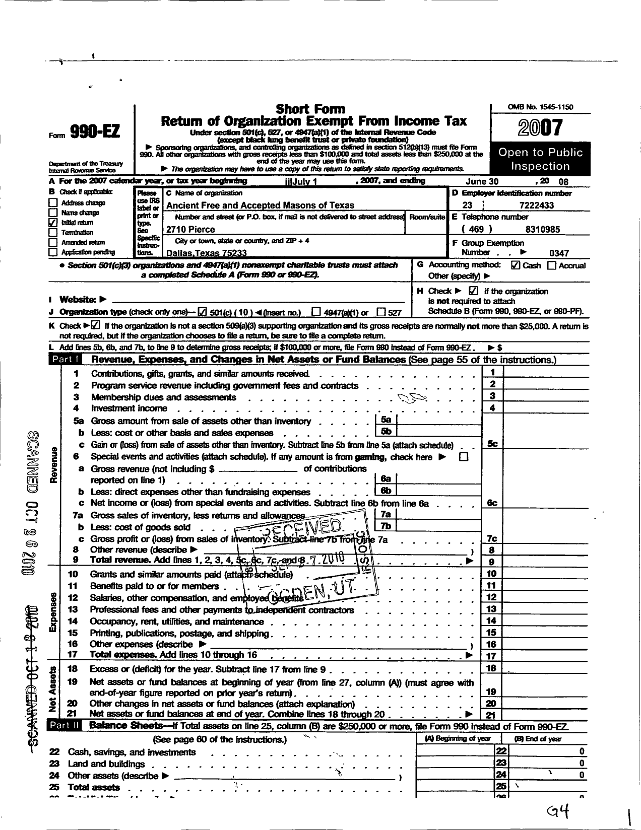 Image of first page of 2007 Form 990EO for Freemasons in Texas - 1314 Mike H Thomas