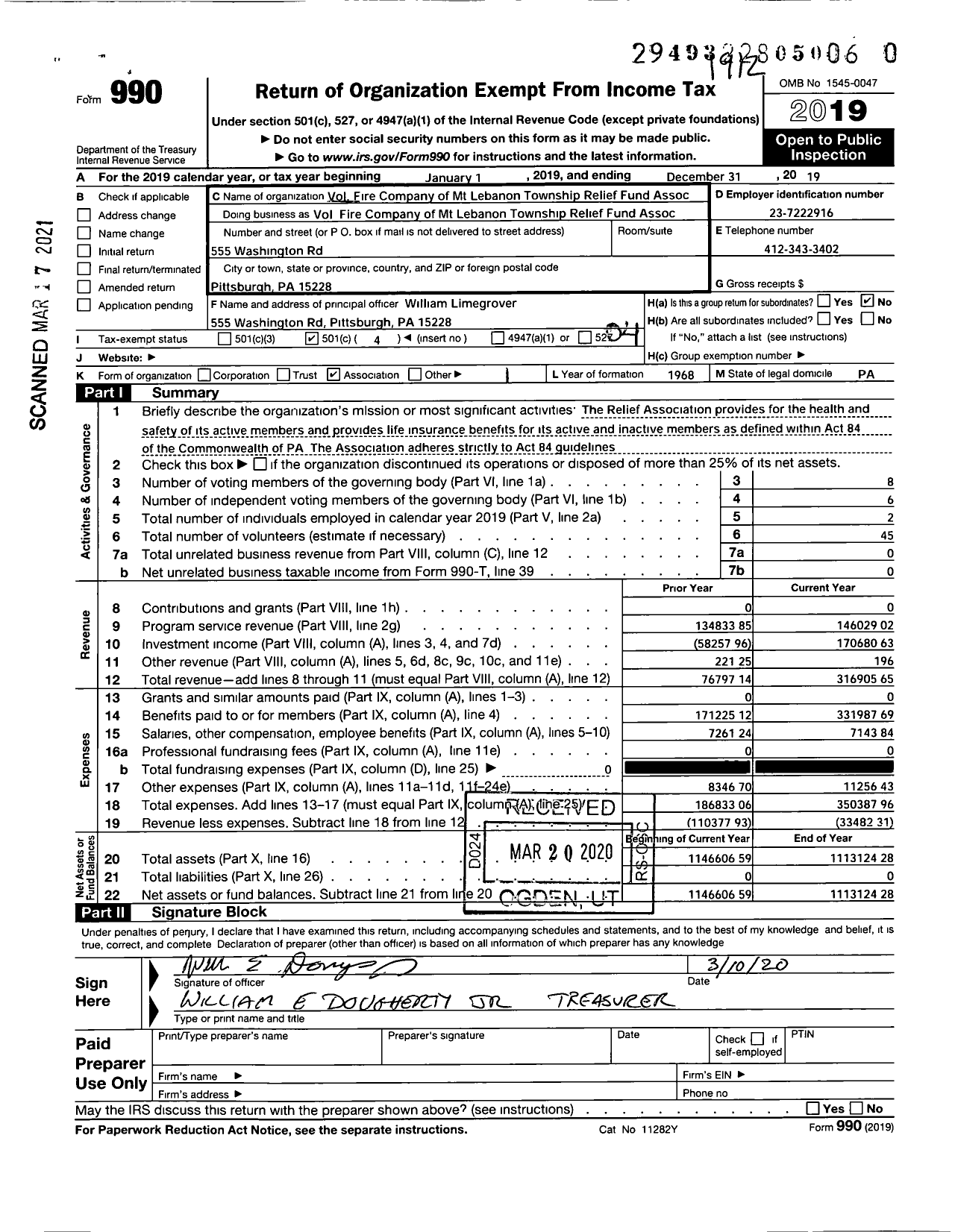 Image of first page of 2019 Form 990O for Volunteer Fire of MT Lebanon TWP Relief Fund Association