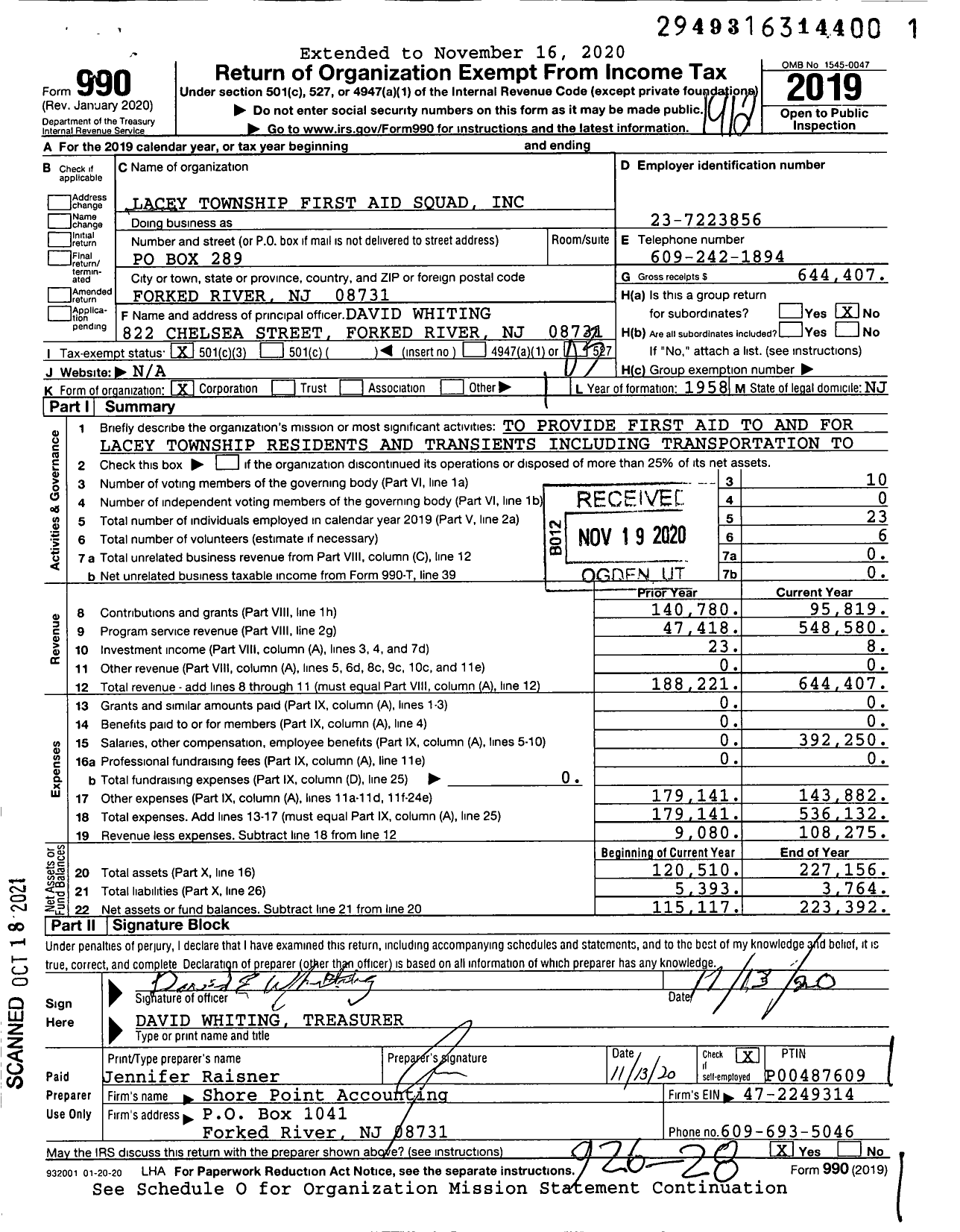 Image of first page of 2019 Form 990 for Lacey Township First Aid Squad