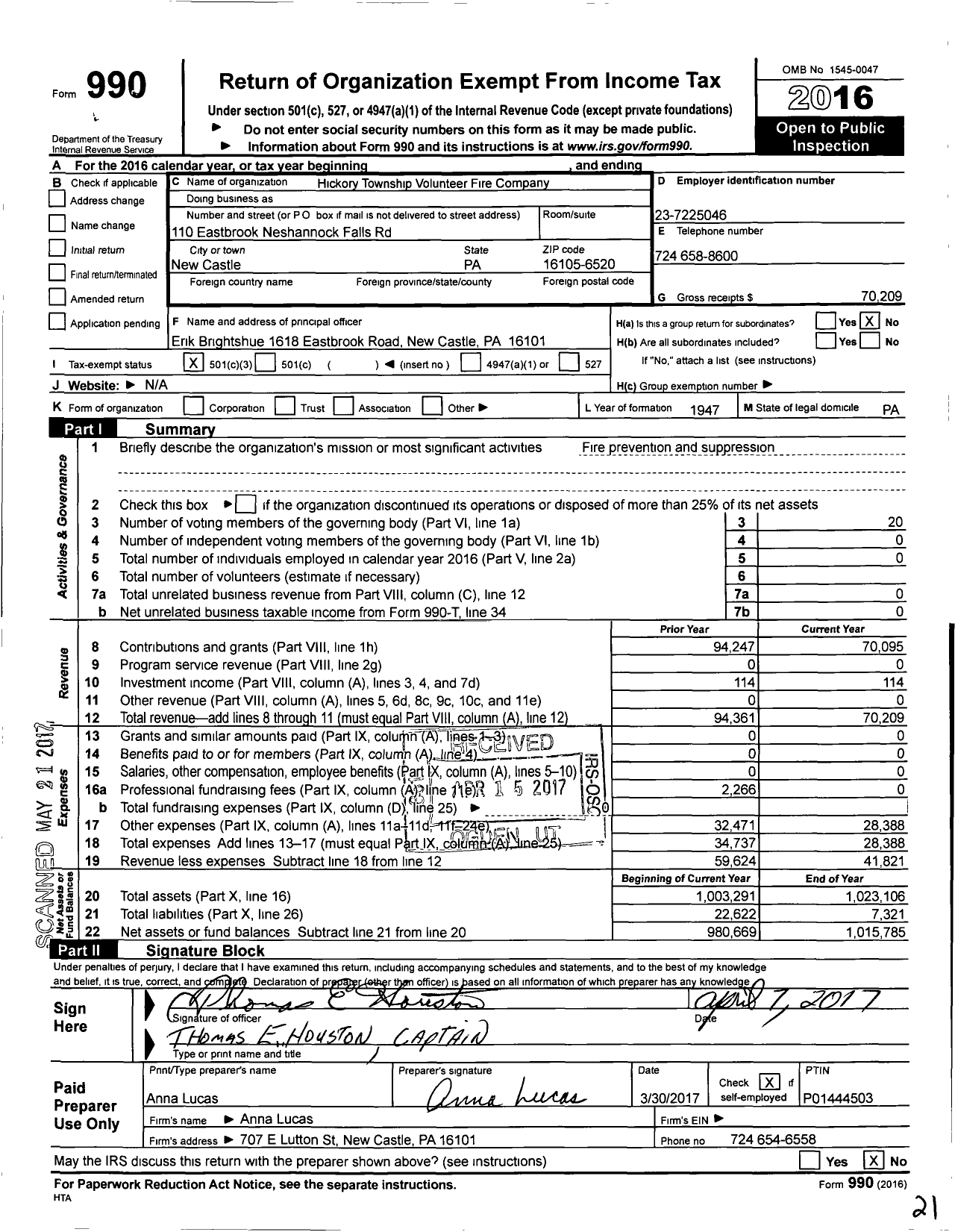 Image of first page of 2016 Form 990 for Hickory Township Volunteer Fire Company