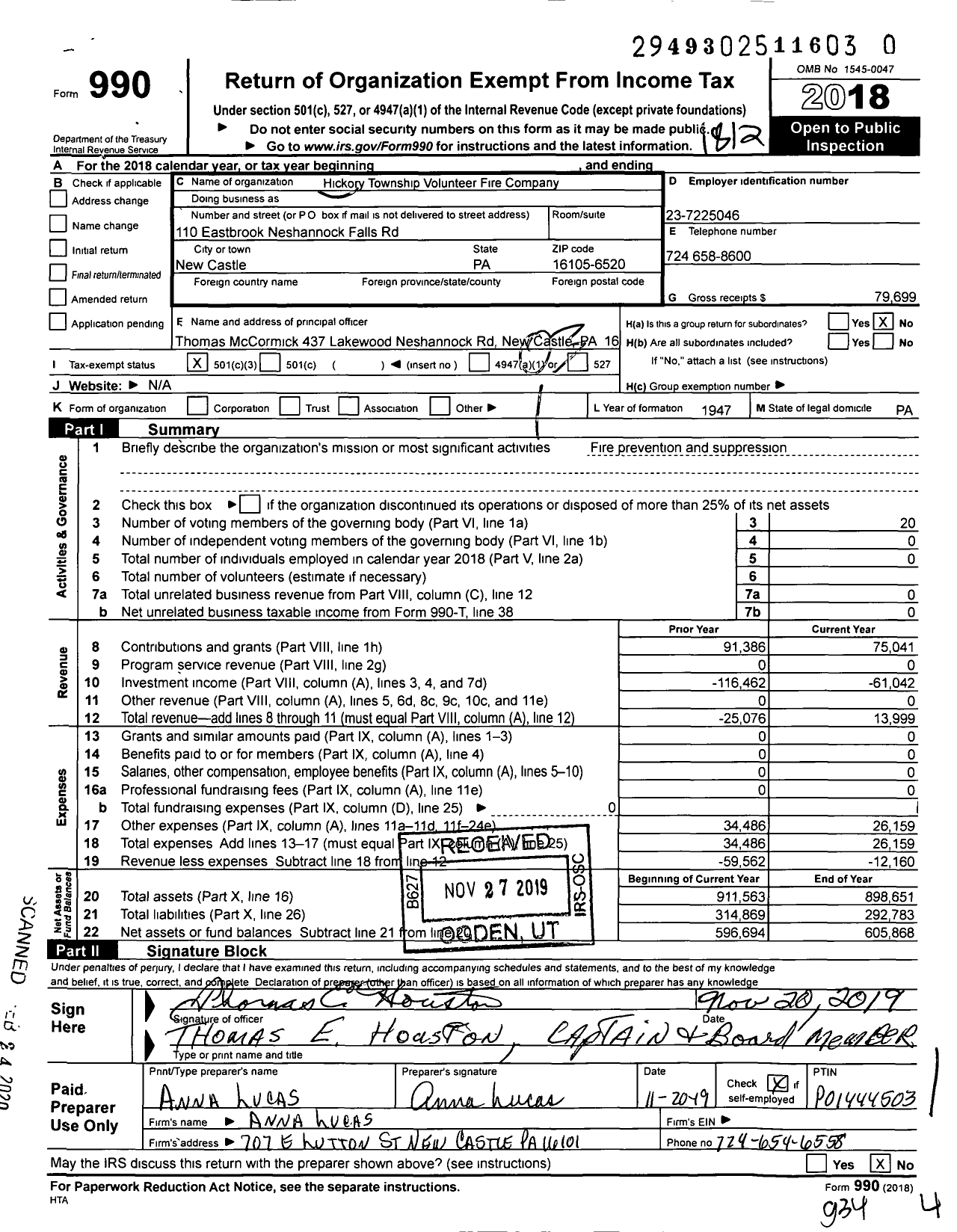 Image of first page of 2018 Form 990 for Hickory Township Volunteer Fire Company