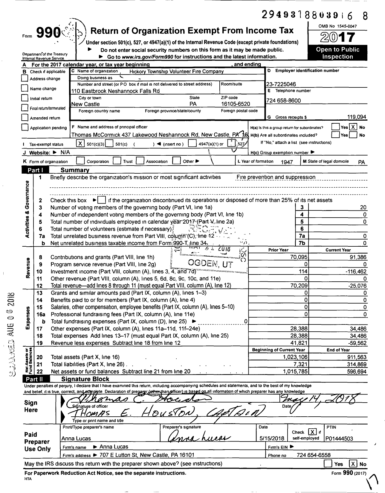 Image of first page of 2017 Form 990 for Hickory Township Volunteer Fire Company