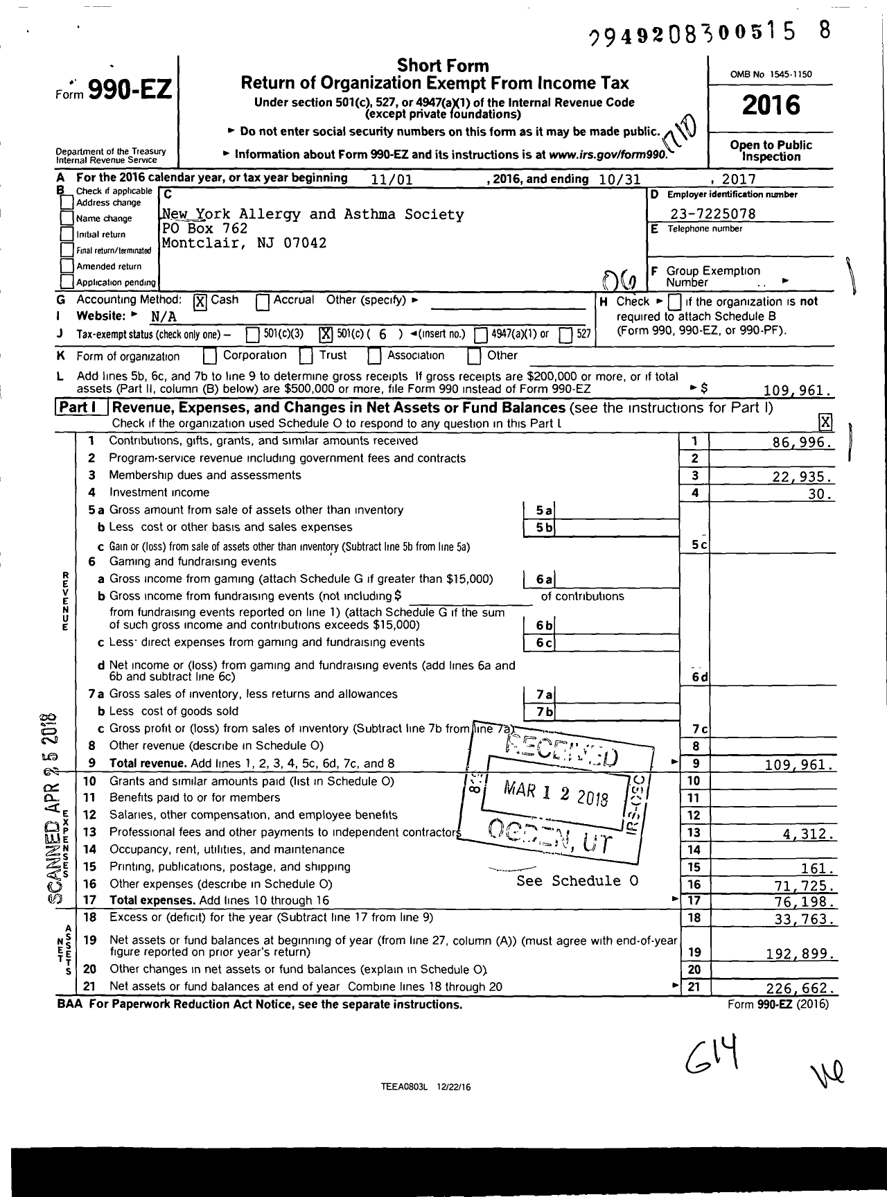 Image of first page of 2016 Form 990EO for New York Allergy and Asthma Society