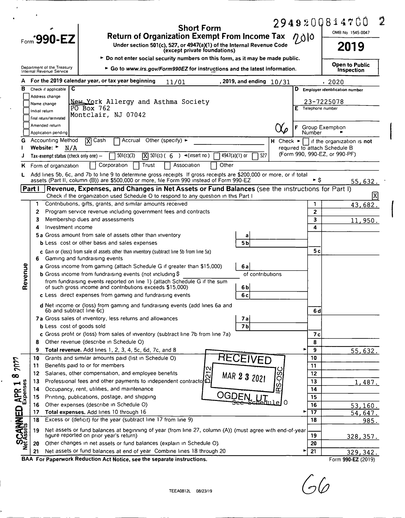 Image of first page of 2019 Form 990EO for New York Allergy and Asthma Society