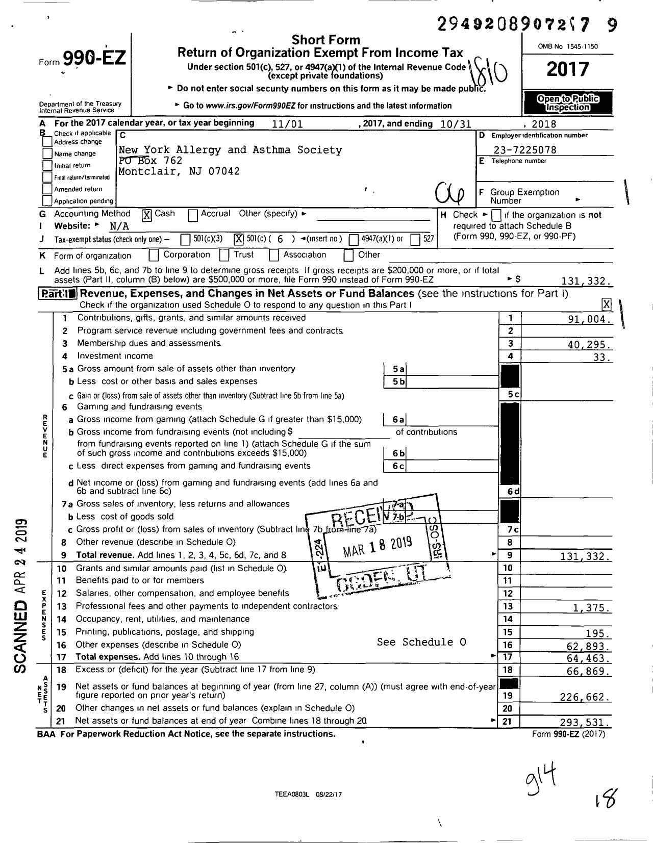 Image of first page of 2017 Form 990EO for New York Allergy and Asthma Society