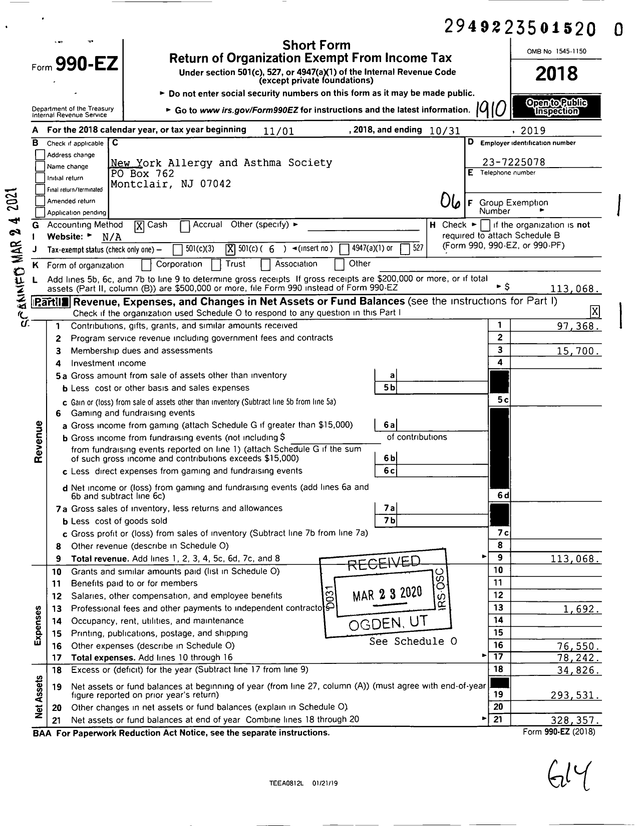 Image of first page of 2018 Form 990EO for New York Allergy and Asthma Society