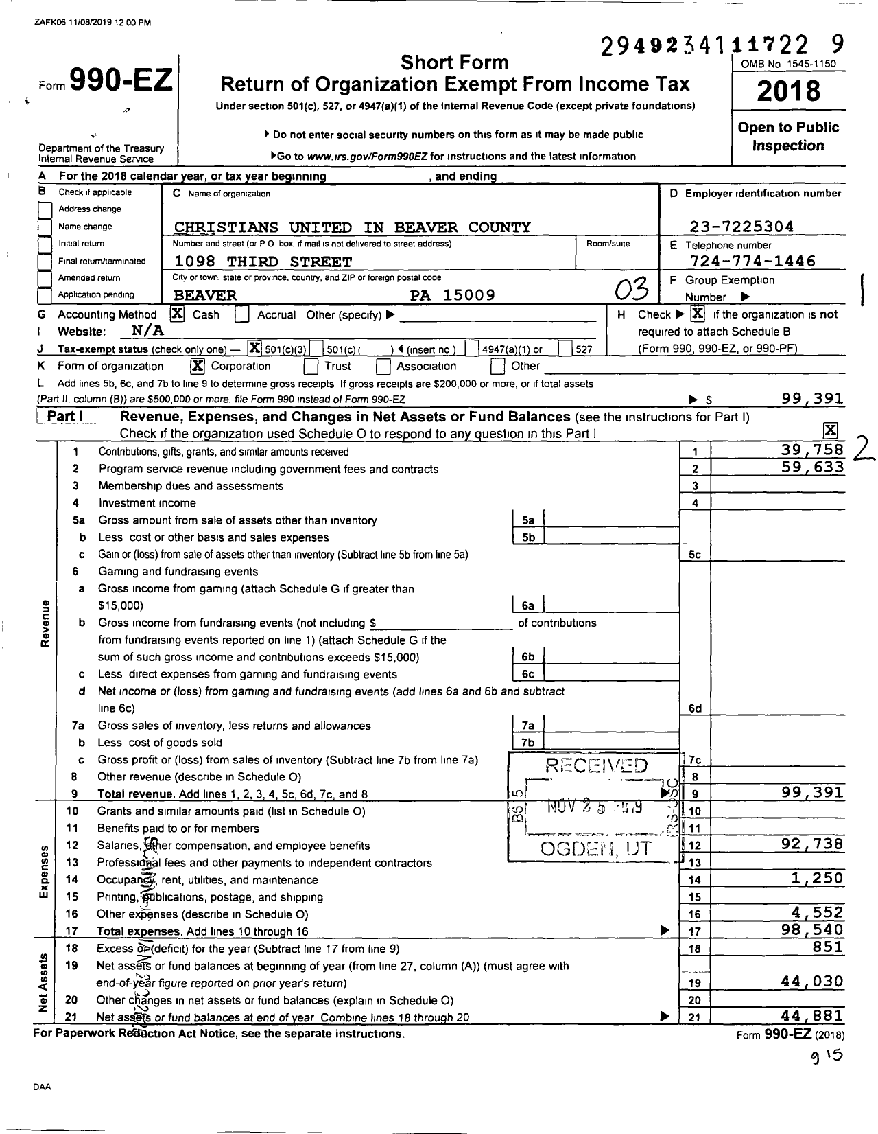 Image of first page of 2018 Form 990EZ for Christians United in Beaver County