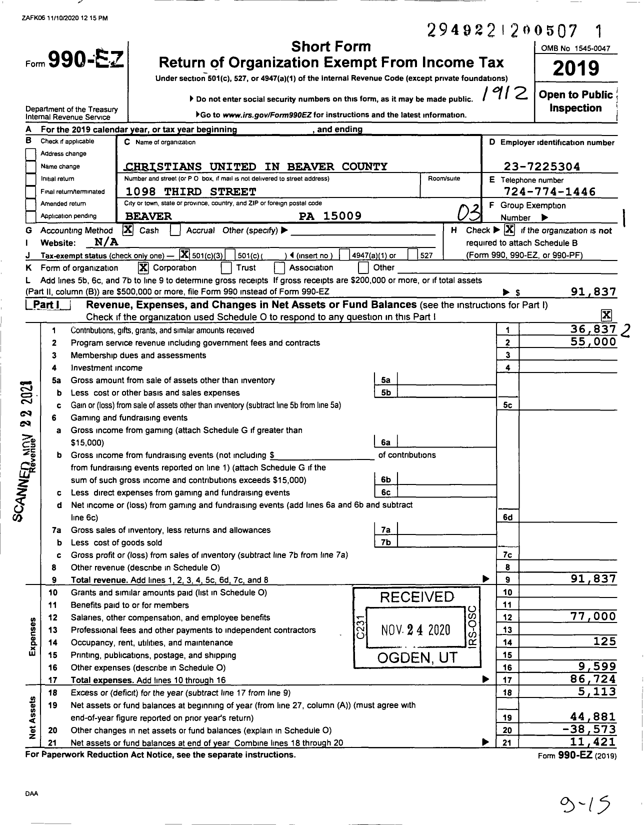 Image of first page of 2019 Form 990EZ for Christians United in Beaver County