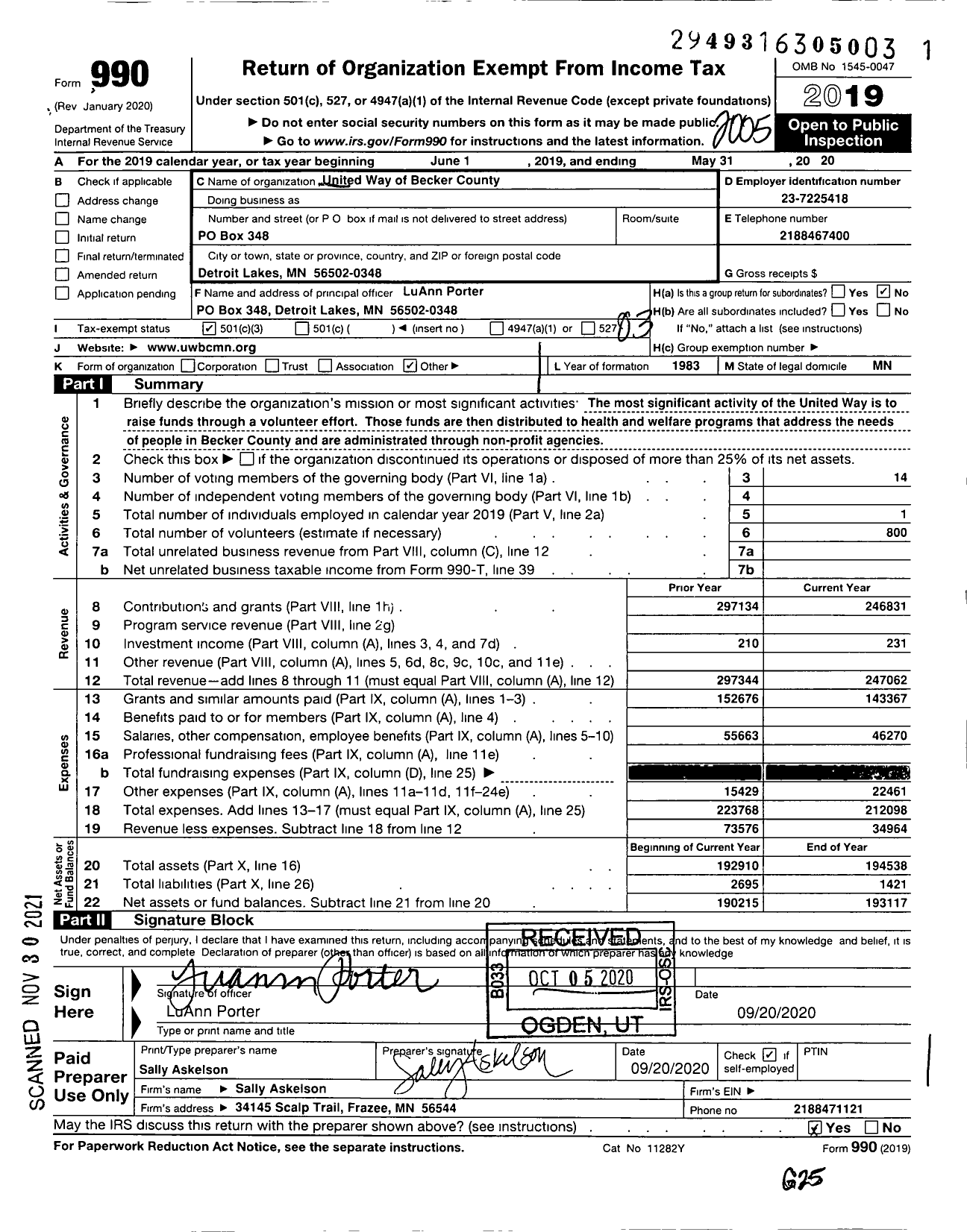 Image of first page of 2019 Form 990 for Becker County United Way