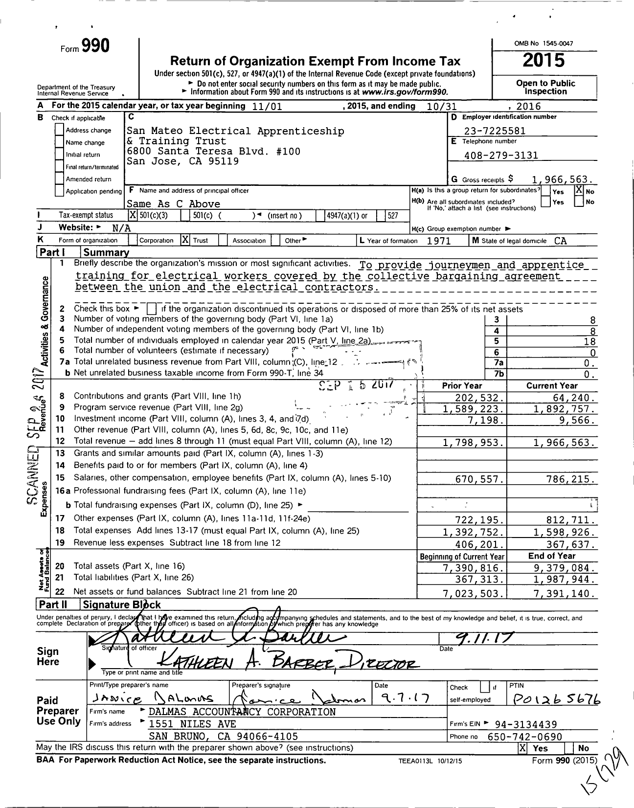 Image of first page of 2015 Form 990 for San Mateo Electrical Apprenticeship and Training Trust