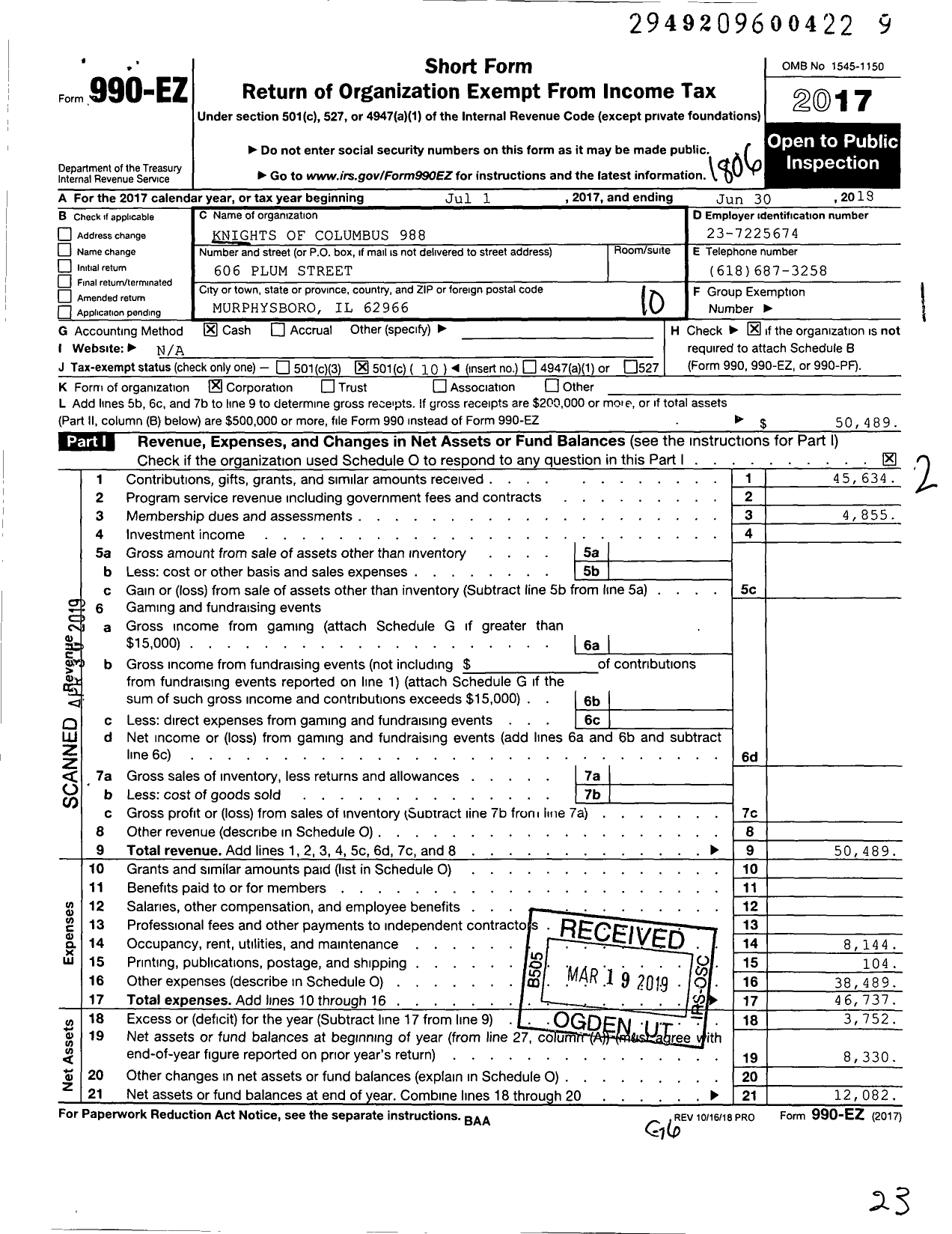 Image of first page of 2017 Form 990EO for Knights of Columbus - 988 Murphysboro Council