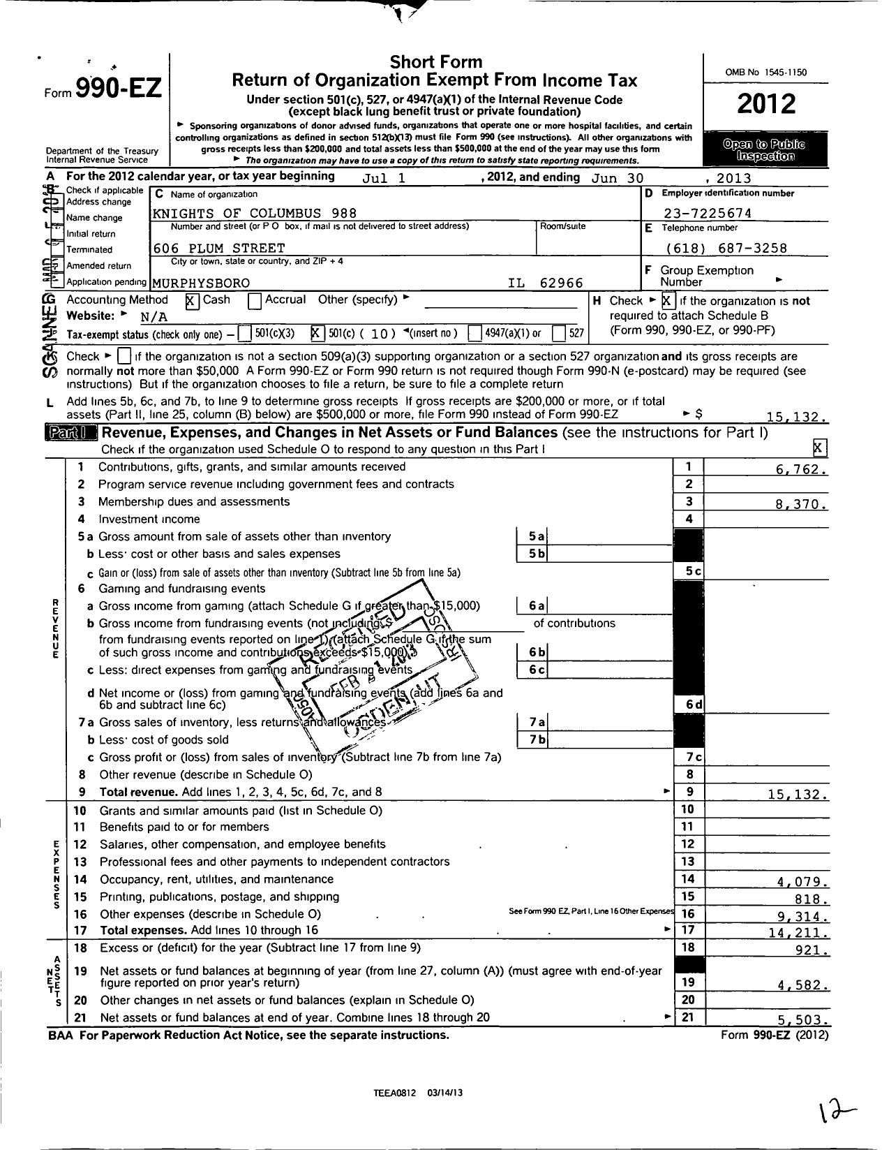 Image of first page of 2012 Form 990EO for Knights of Columbus - 988 Murphysboro Council