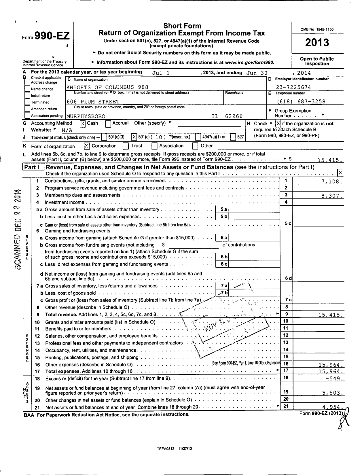 Image of first page of 2013 Form 990EO for Knights of Columbus - 988 Murphysboro Council