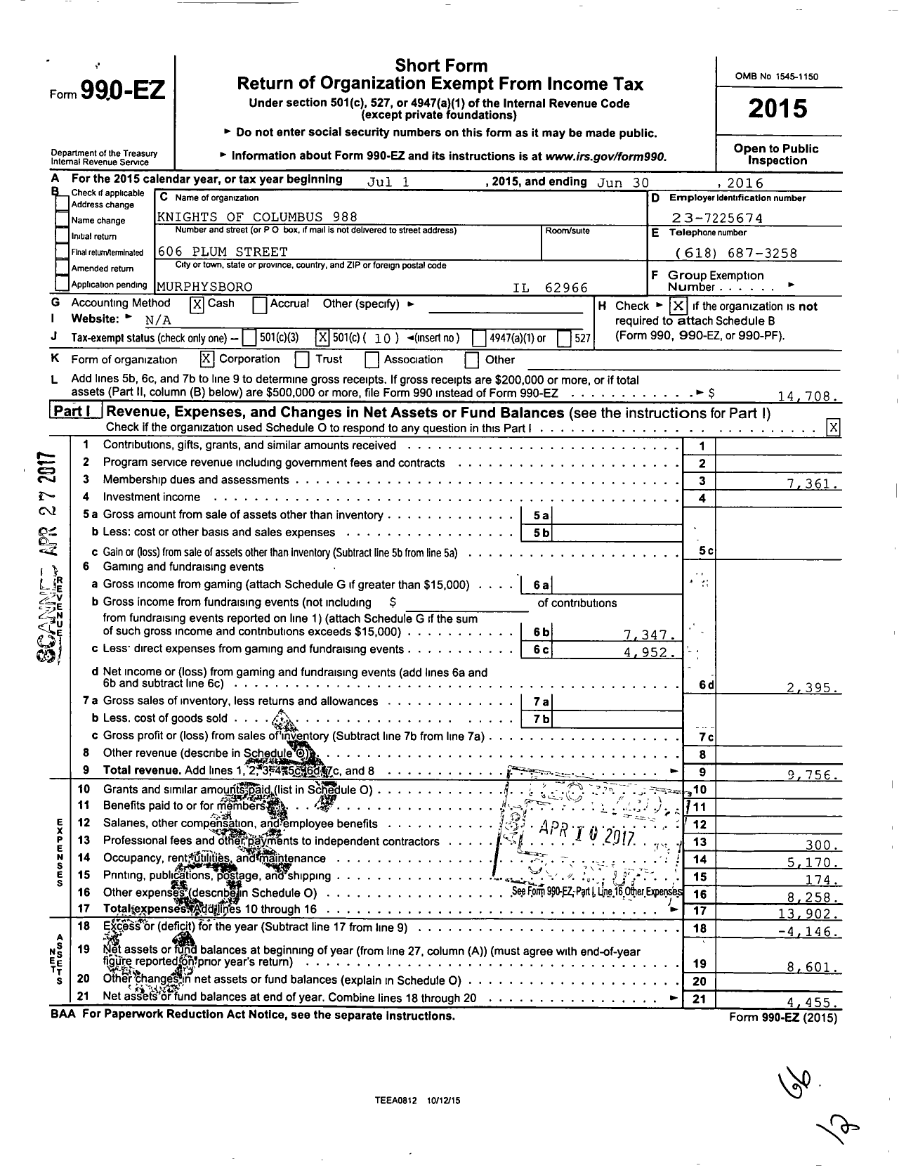 Image of first page of 2015 Form 990EO for Knights of Columbus - 988 Murphysboro Council