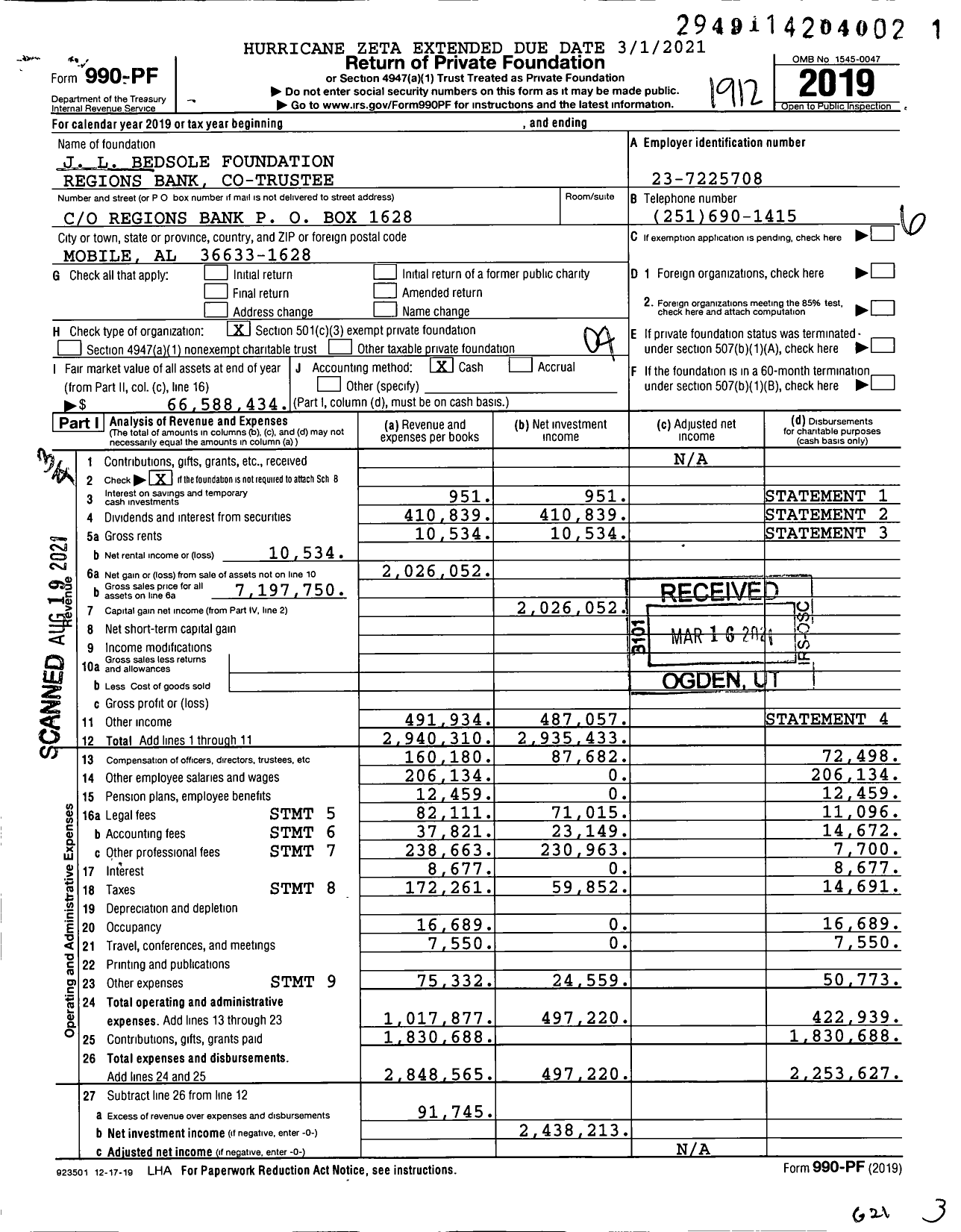 Image of first page of 2019 Form 990PF for J L Bedsole Foundation Regions Bank Co-Trustee