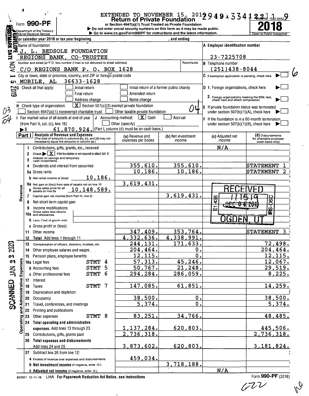 Image of first page of 2018 Form 990PF for J L Bedsole Foundation Regions Bank Co-Trustee